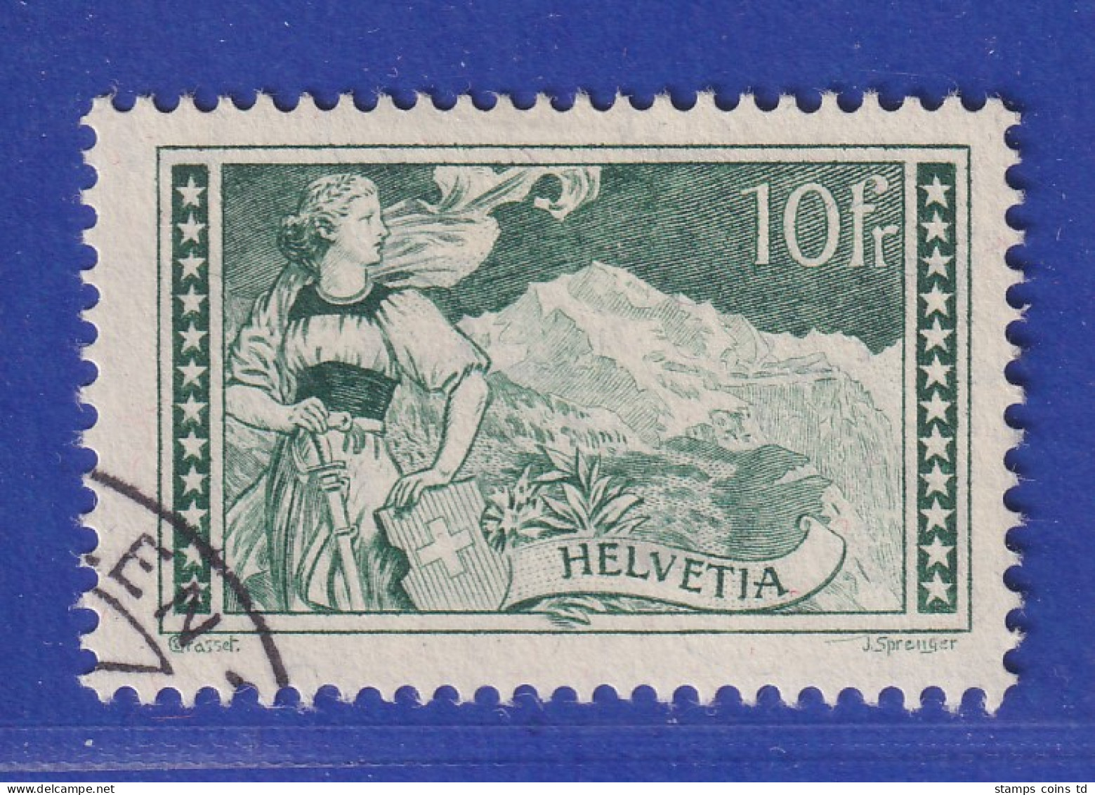 Schweiz 1931 Helvetia In Berner Tracht Vor Jungfrau, 10Fr.-Wert Mi.-Nr. 228 O - Autres & Non Classés