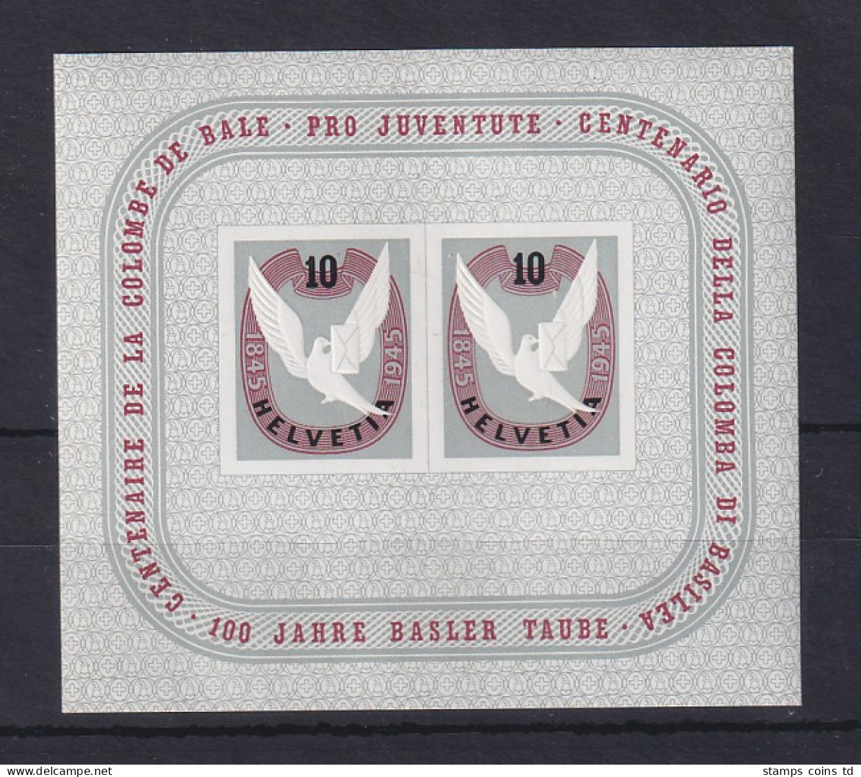 Schweiz 1945 Blockausgabe 100 Jahre Briefmarke "Basler Taube" Mi-Nr. Block 13 ** - Andere & Zonder Classificatie