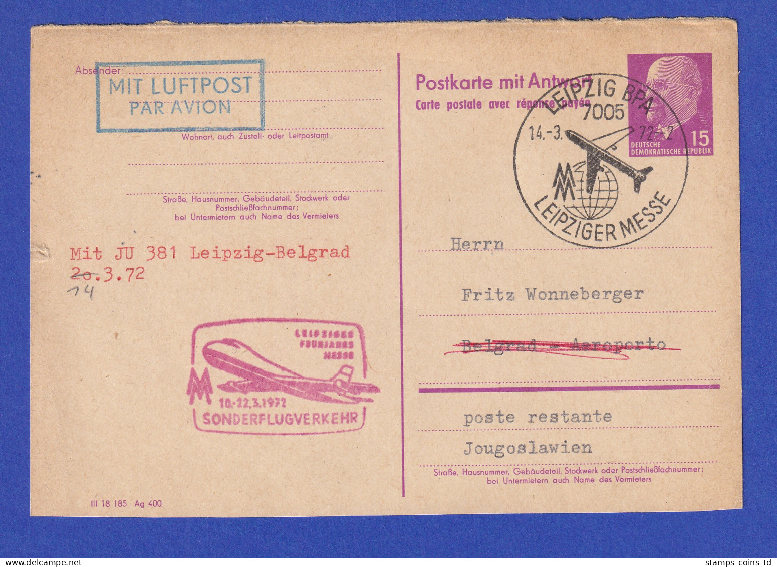 DDR Ulbricht Fragekarte 15Pfg P74 F Gel. Mit Flugpost Gel. Nach Jugoslawien - Autres & Non Classés