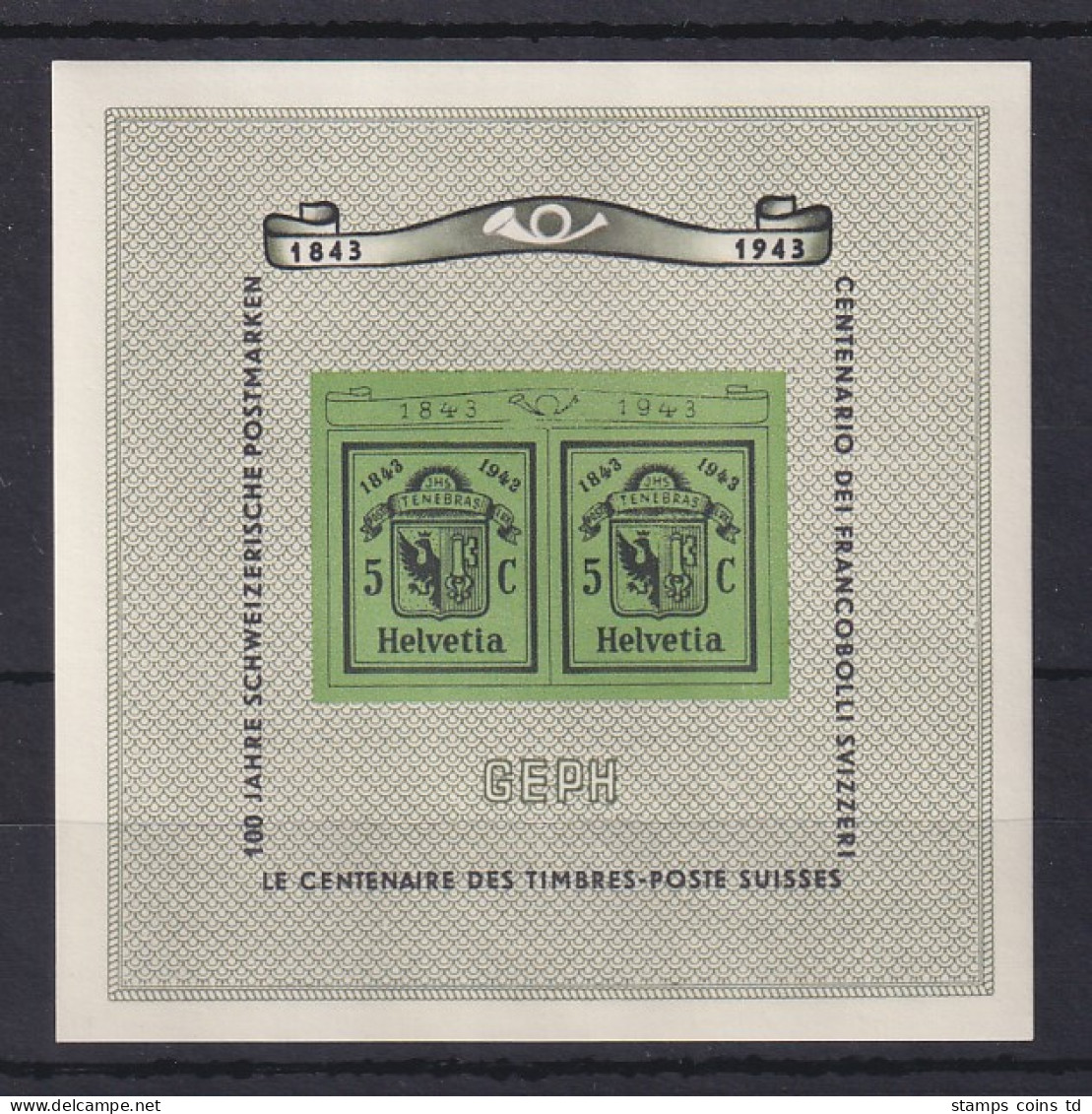 Schweiz 1943 100 Jahre Briefmarken Genf, Sog Doppelgenf Mi.-Nr. Block 10 ** - Sonstige & Ohne Zuordnung