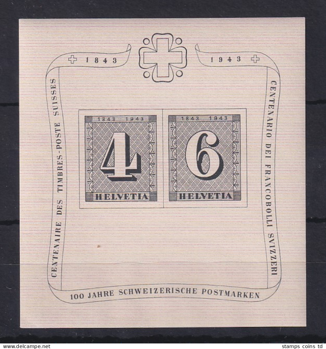 Schweiz 1943 100 Jahre Briefmarken Zürich 4 Und 6  Mi.-Nr. Block 8 ** - Autres & Non Classés