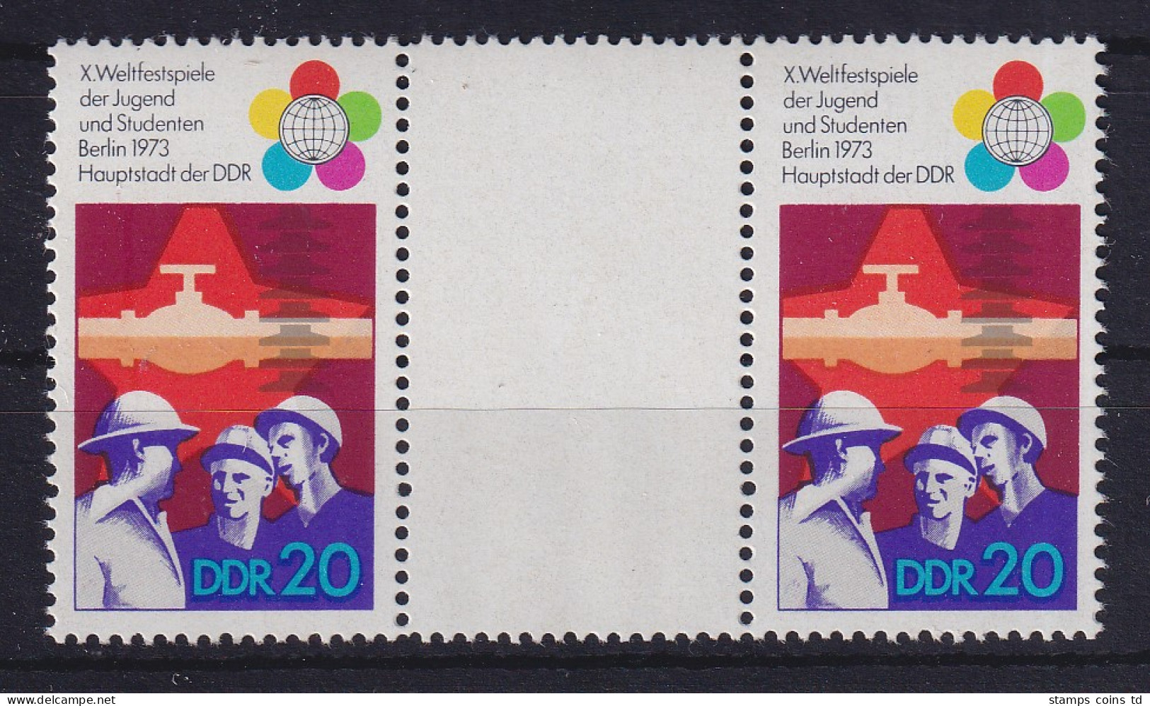 DDR 1973 Weltfestspiele Mi.-Nr. 1864 Mit Plattenfehler I Im Zwischenstegpaar ** - Unused Stamps