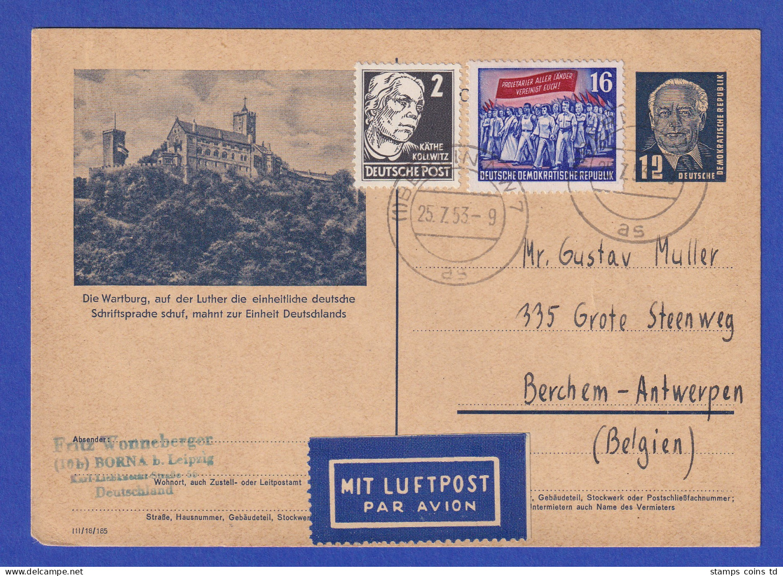 DDR 1953 Bildpostkarte P47/07 Mit ZF Per Luftpost Gel. Von Berlin Nach Belgien - Sonstige & Ohne Zuordnung