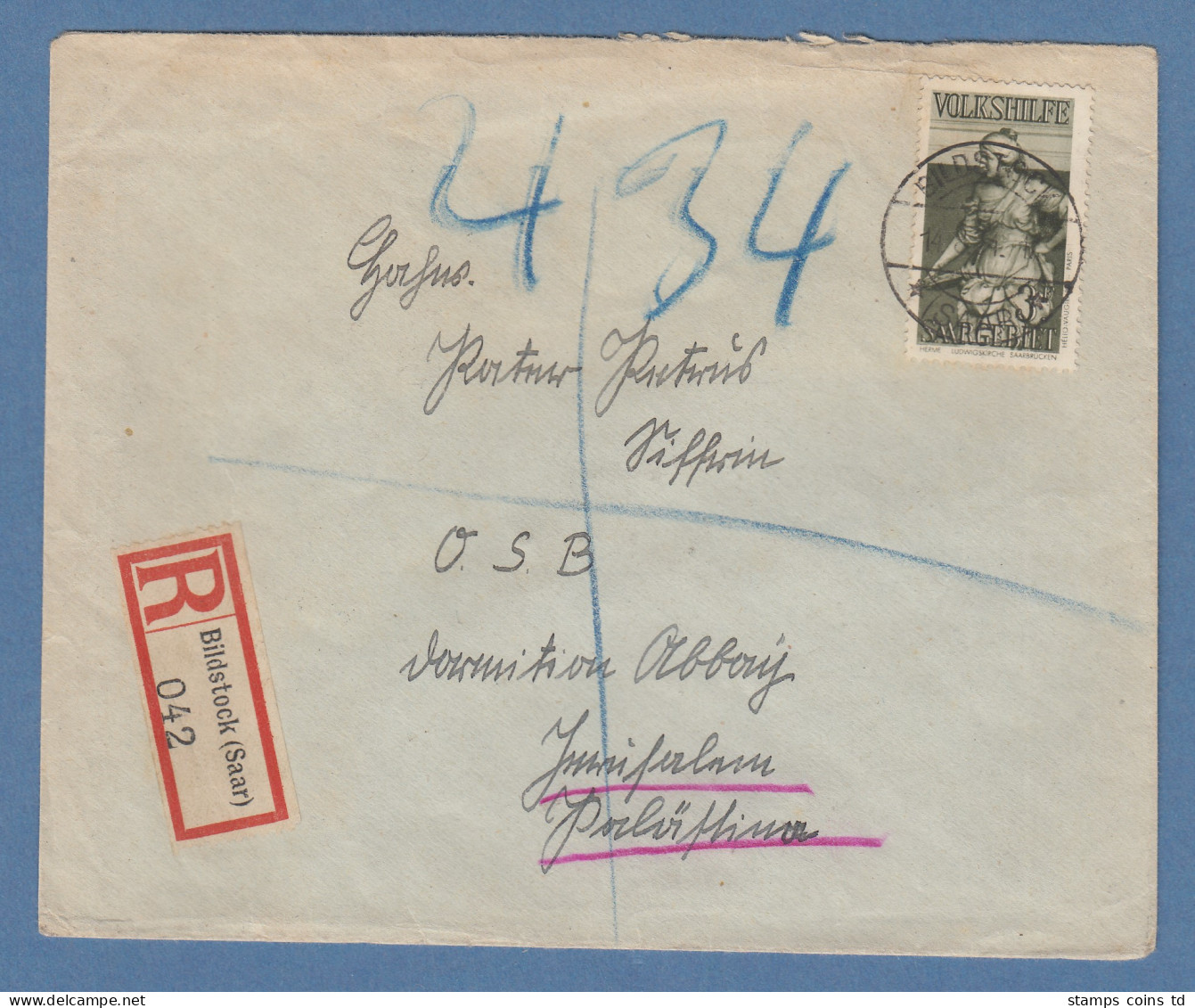 Saar 1934 Volkshilfe 3Fr. Mi.-Nr. 176 Als EF Auf R-Bf. V. Bildstock N. Jerusalem - Storia Postale