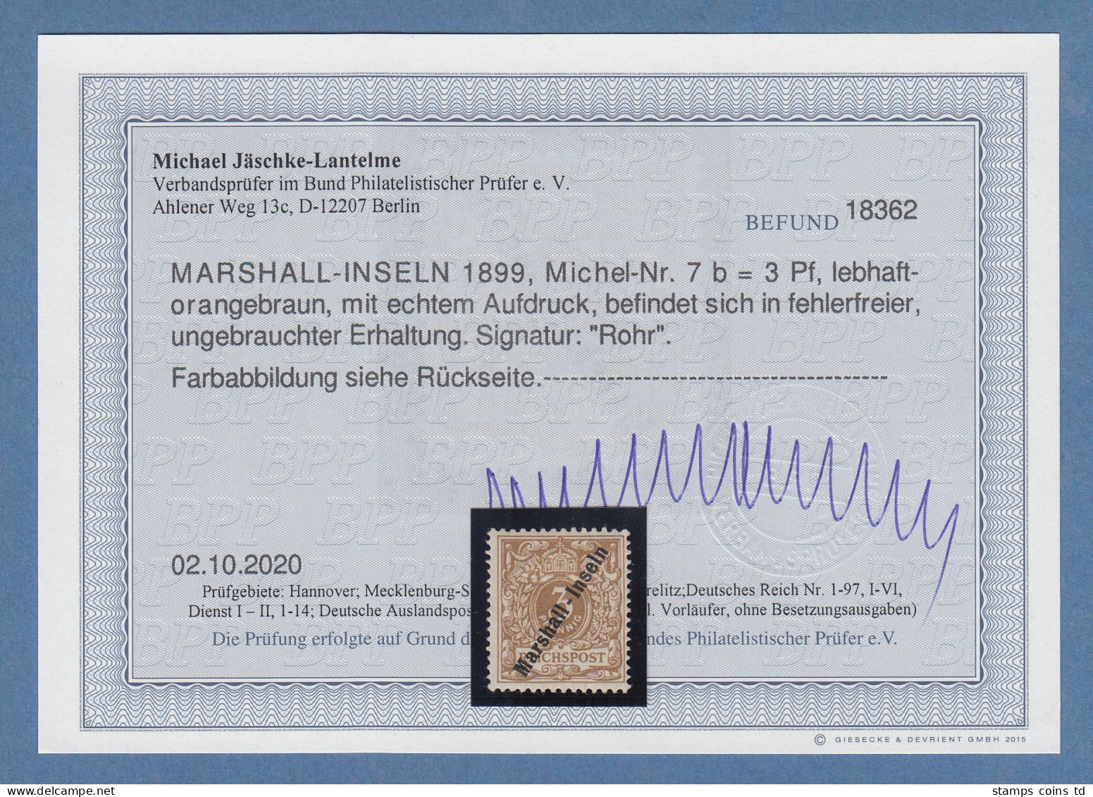 Dt. Kolonien Marshall-Inseln 3Pfg. Mi-Nr. 7b Ungebraucht * Mit Befund BPP - Marshall-Inseln