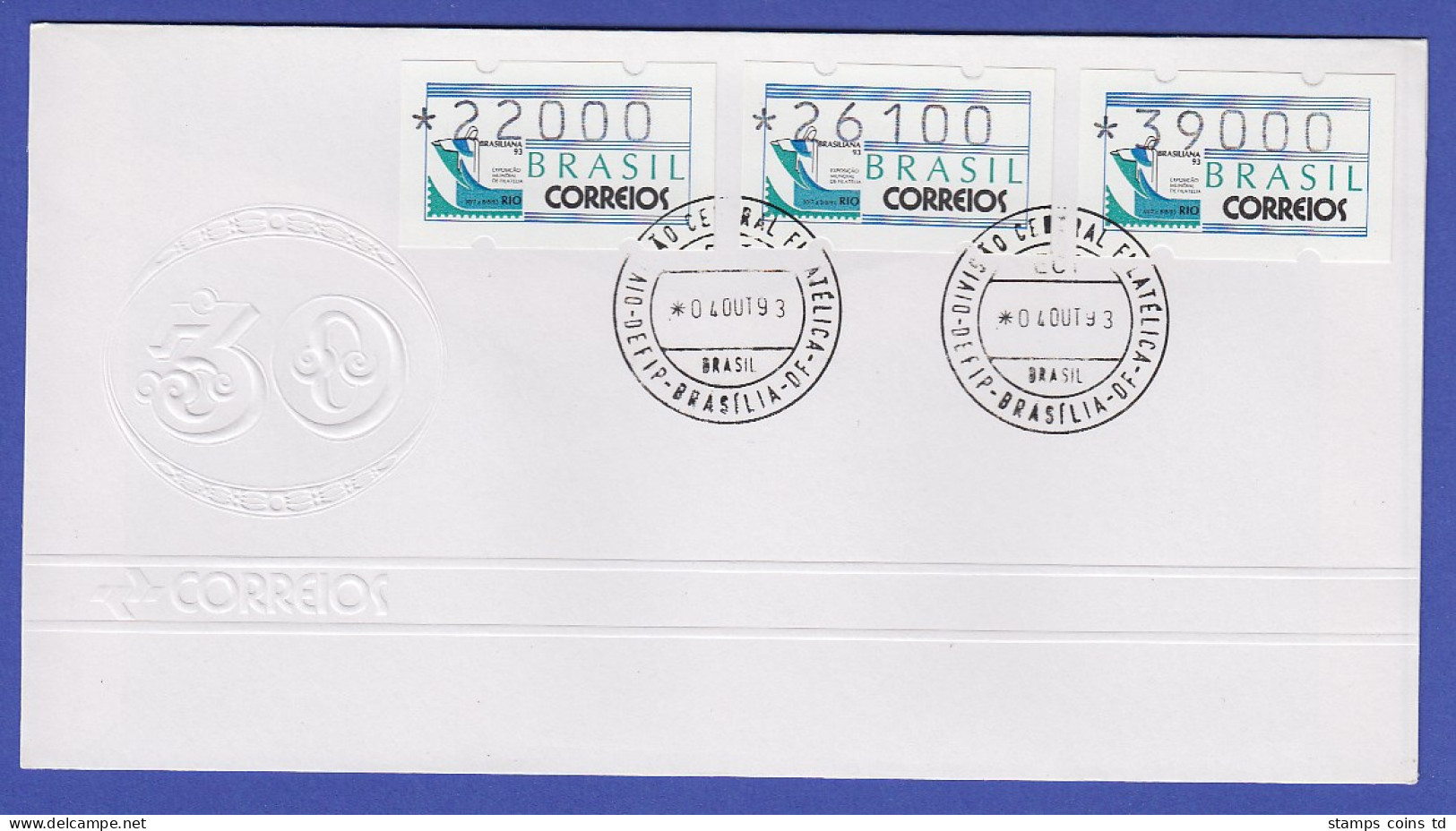 Brasilien ATM BRASILIANA'93, Mi.-Nr. 5, Satz 22000-26100-39000 Auf Offiz. FDC - Franking Labels