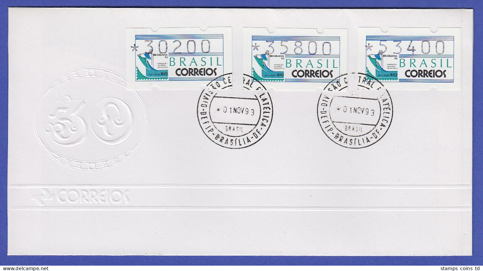 Brasilien ATM BRASILIANA'93, Mi.-Nr. 5, Satz 30200-35800-53400 Auf Offiz. FDC - Franking Labels