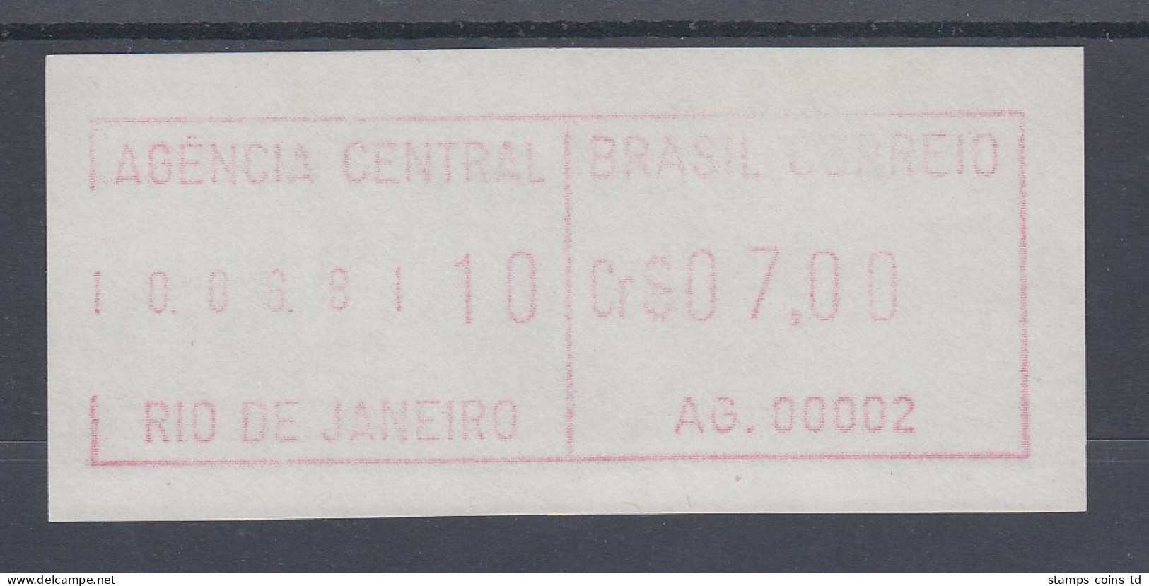 Brasilien ATM AG.00002 Aus ORTSAUTOMAT Rio Hauptp. Mit ET-Datum. SEHR SELTEN !  - Franking Labels