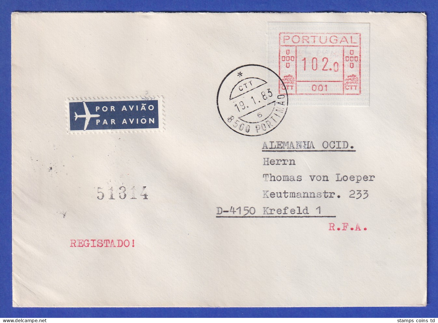 Portugal Seltener R-Brief Mit Orts-ATM 001 102,0 Und Orts-O Portimao 19.1.1983  - Automatenmarken [ATM]