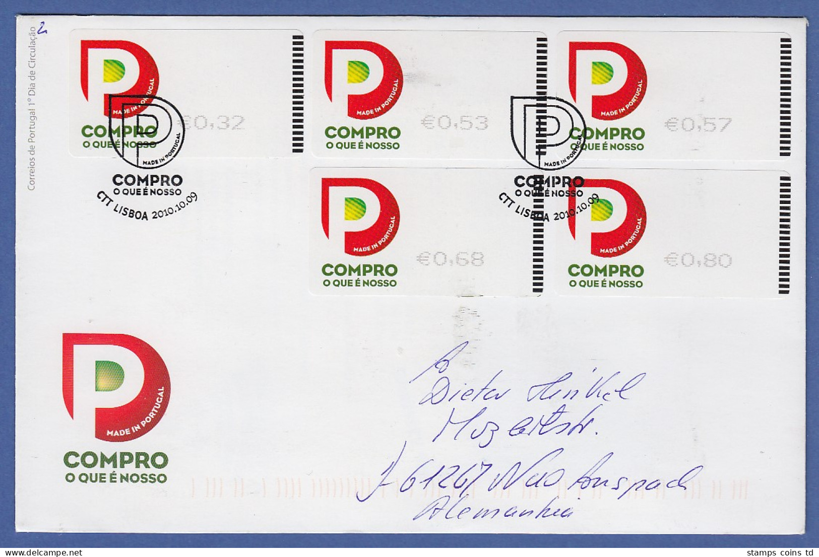 Portugal ATM 2010 Mi.-Nr 72.1 Satz 32-53-57-68-80 Auf Gel. FDC Nach D - Timbres De Distributeurs [ATM]