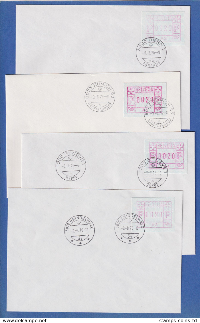 Schweiz 1976, 1. FRAMA-ATM Ausgabe A1-A4 Je Auf FDC Mit Orts-Ersttags-O 9.8.76  - Automatic Stamps