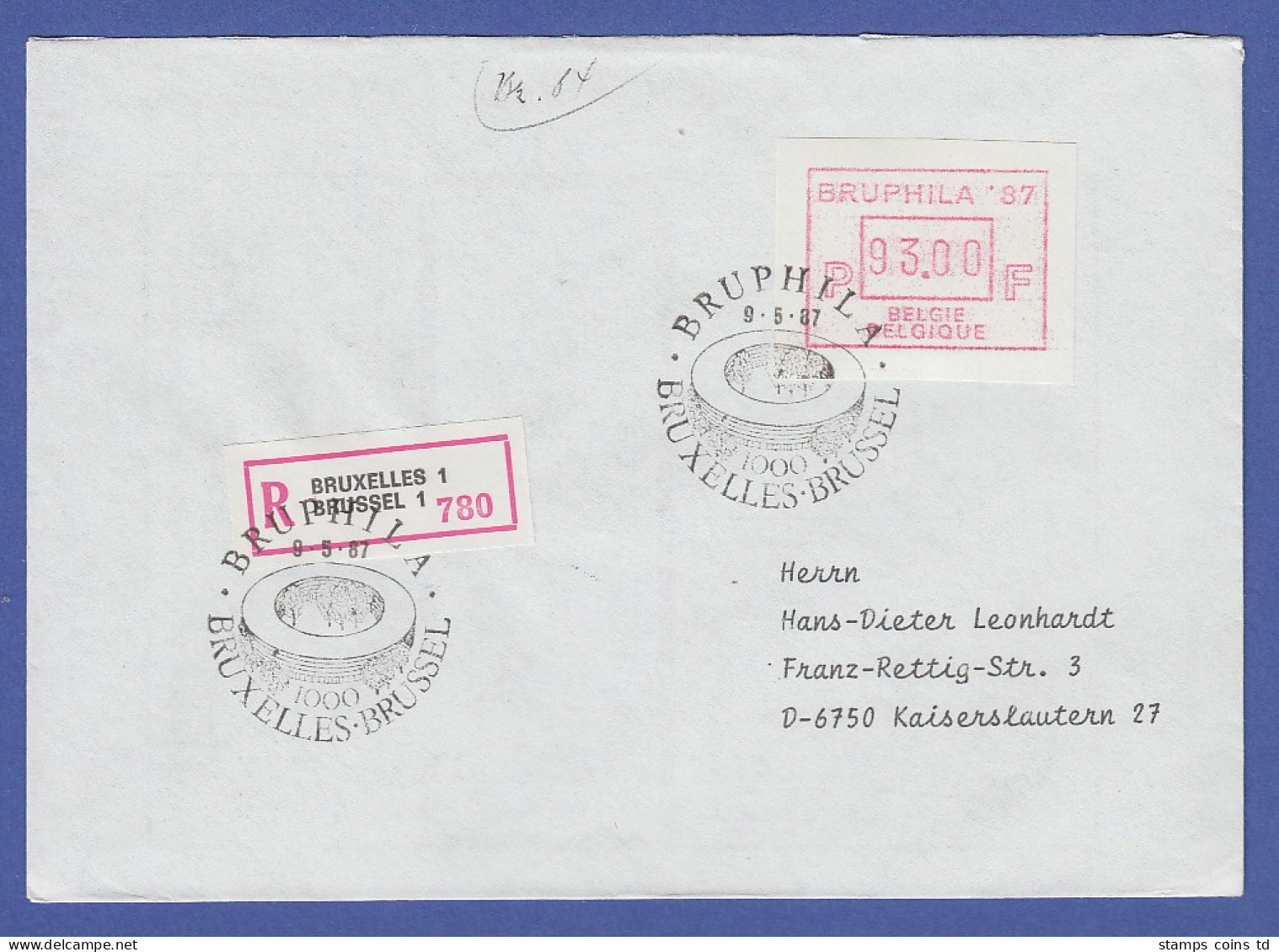 Belgien Sonder-ATM BRUPHILA 1987, Wert 93.00 Auf R-Brief Nach D - Altri & Non Classificati