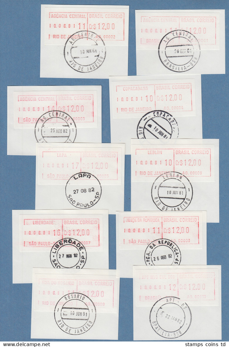 Brasilien FRAMA Schalterwertzeichendrucker-ATM AG.00001-AG00010 Kpl. Serie O VS - Franking Labels
