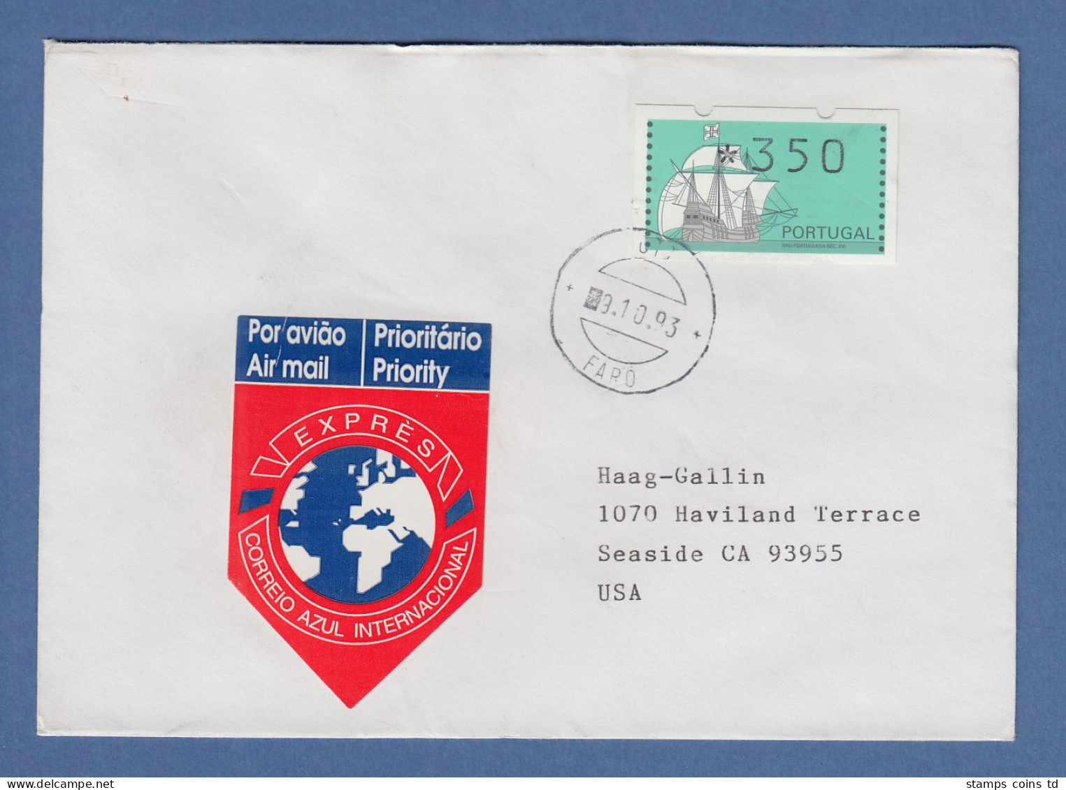 Portugal 1993 ATM Nau Mi-Nr. 7Z1 Wert 350 Auf Express R-FDC In Die USA  - Timbres De Distributeurs [ATM]