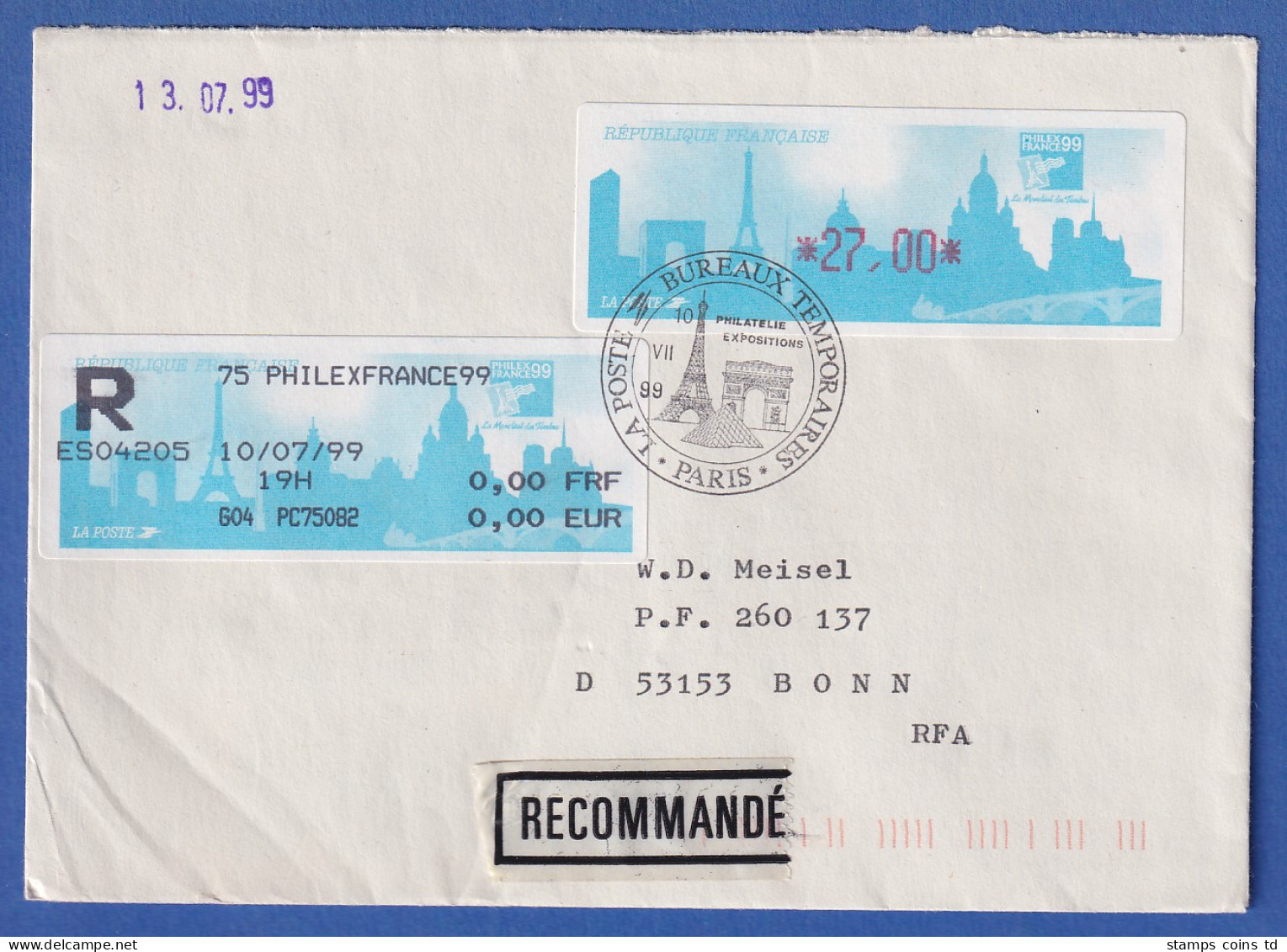 Frankreich ATM PHILEXFRANCE`99 Wert 27,00 Auf R-Brief Nach Bonn So.-O 10.VII 99 - Autres & Non Classés