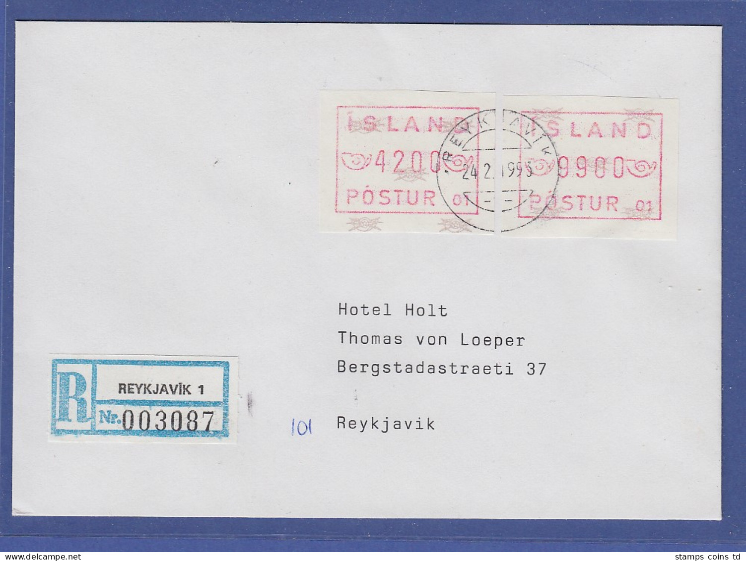 Island ATM Nr. 1 Aut.-Nr. 01 Werte 4200 Und 9900 Auf Orts-R-Brief 24.2.93 - Frankeervignetten (Frama)