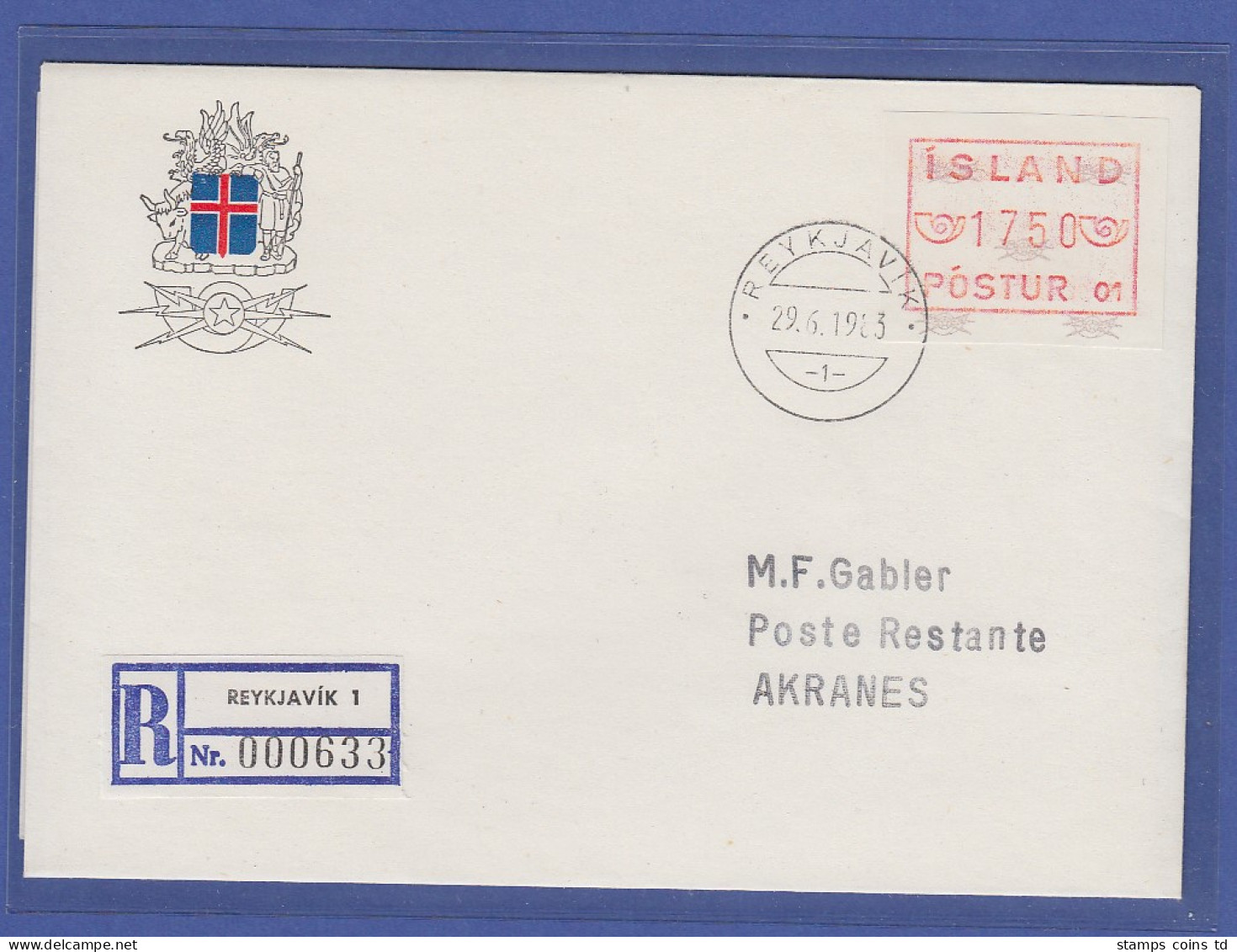 Island ATM Nr. 1 Aut.-Nr. 01 R-FDC Flaches Mündstück, Enger Abstand Aus OA  RR ! - Franking Labels