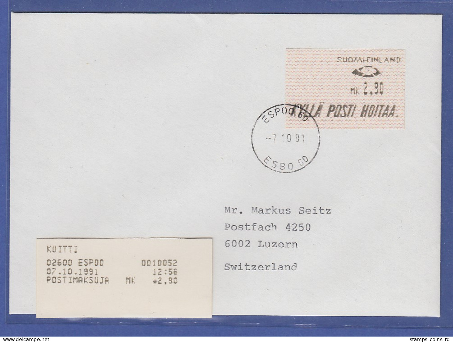 Finnland 1991 Dassault-ATM Mi.-Nr. 10.1 Z1 Wert 2,90 Auf Brief In Die Schweiz - Automaatzegels [ATM]