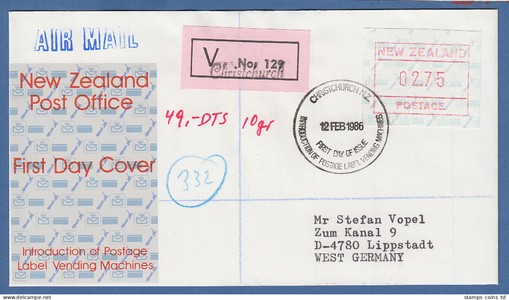 Neuseeland Frama-ATM Nr. 2 Wert 2,75 Auf R-FDC Von CHRISTCHURCH Nach Deutschland - Collections, Lots & Series