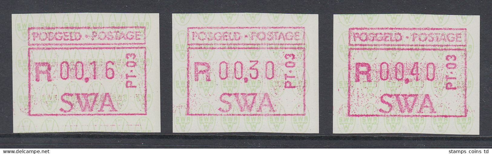 Südwestafrika FRAMA-ATM Nr.1  Aut.-Nr. PT-03 Satz 16-30-40 Aus OA ** - Frama Labels