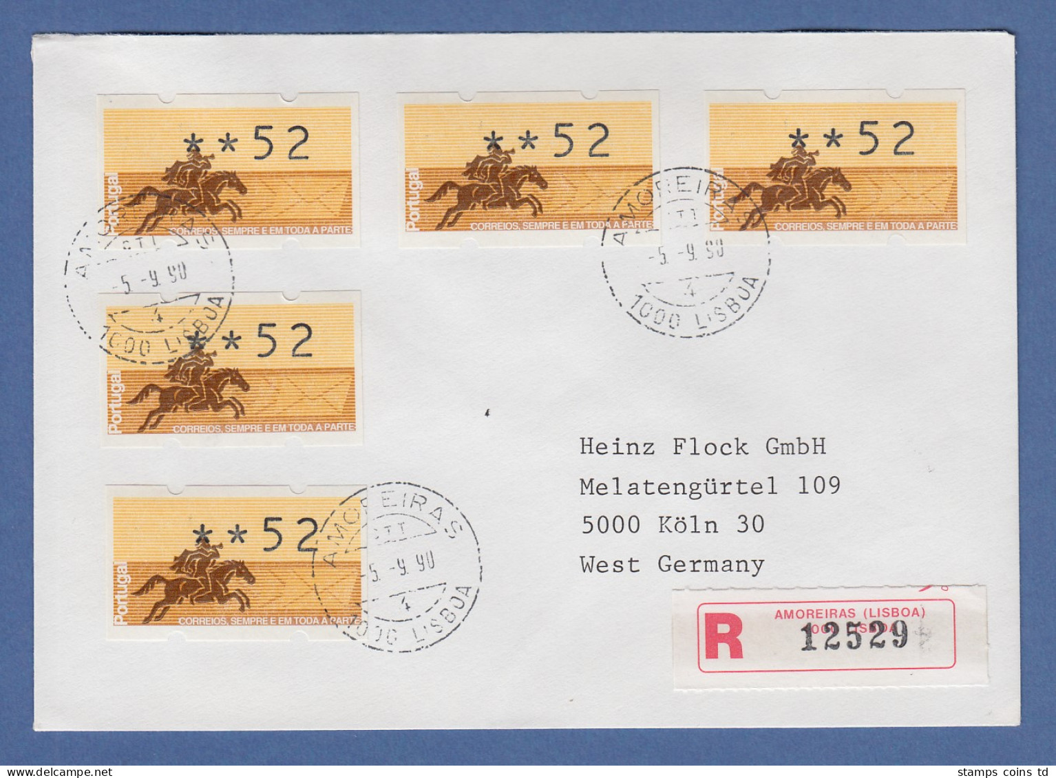 Portugal 1990 ATM Postreiter Mi.-Nr. 2.1 Wert 52 5x Als MEF Auf R-FDC Nach Köln - Machine Labels [ATM]