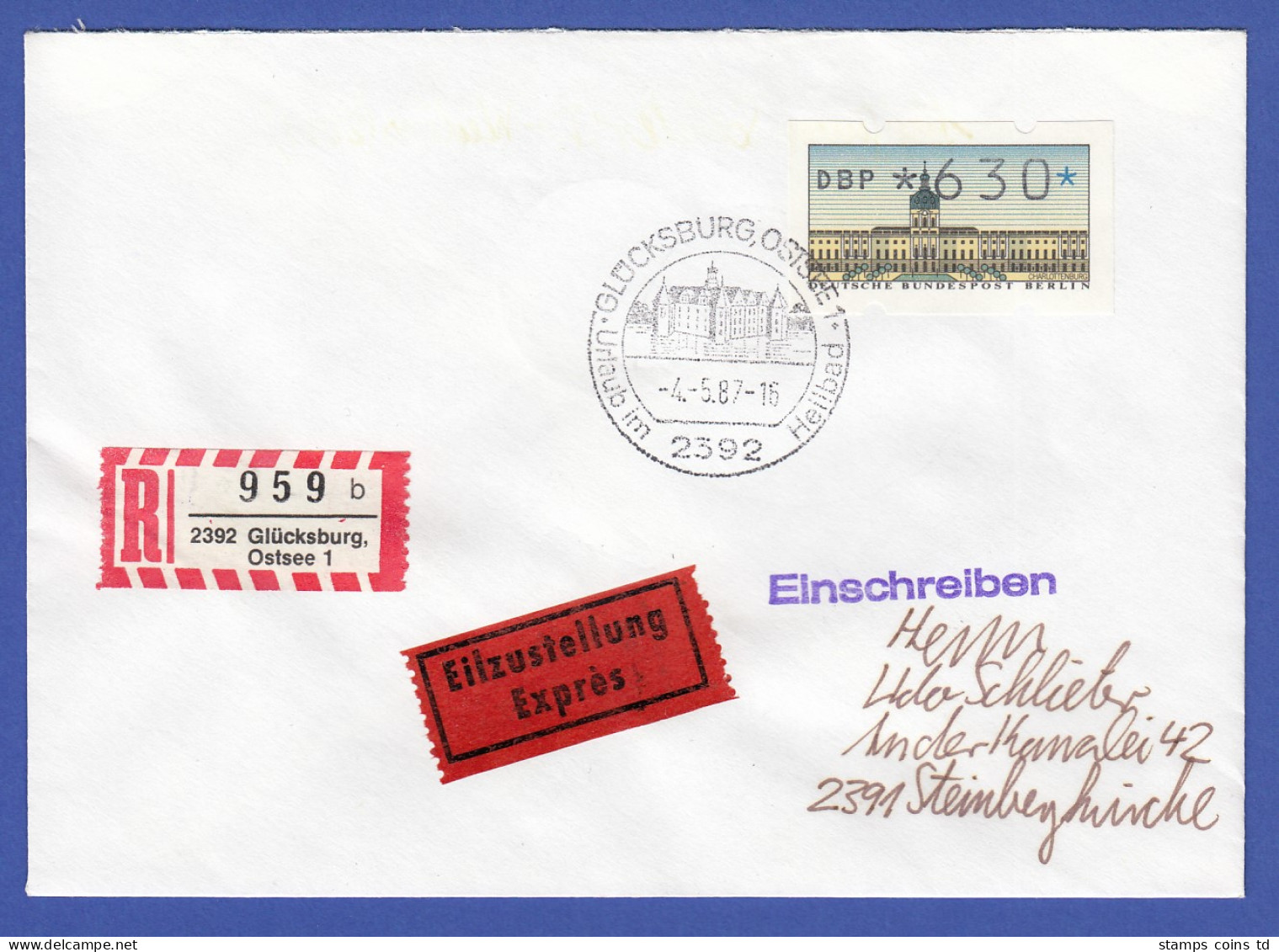 ATM Berlin Wert 630 Pfg Auf R-Eil-Brief Vom Ersttag 4.5.87 , O Glücksburg - Other & Unclassified