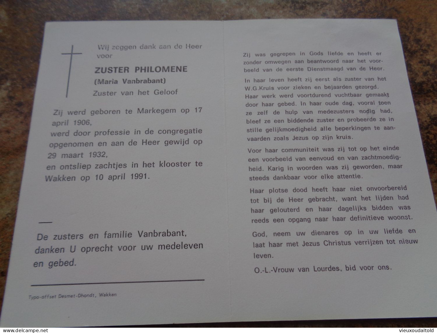 Doodsprentje/Bidprentje  ZUSTER PHILOME (Maria Vanbrabant)  Zr V.h. Geloof  Markegem 1906-1991 Klooster Wakken - Religion &  Esoterik