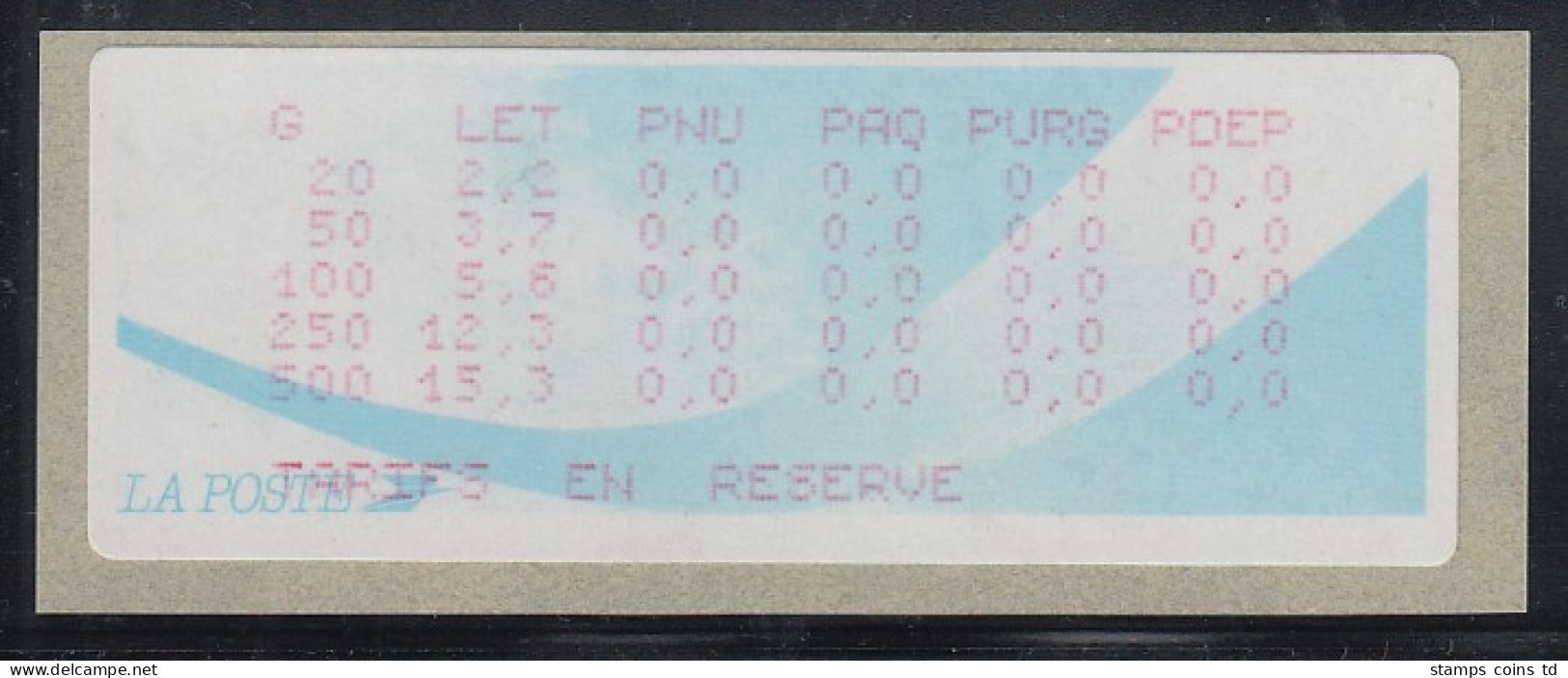 Frankreich ATM Papier Komet Info-Vignette TARIFS EN RESERVE (9.Tarif) - Sonstige & Ohne Zuordnung