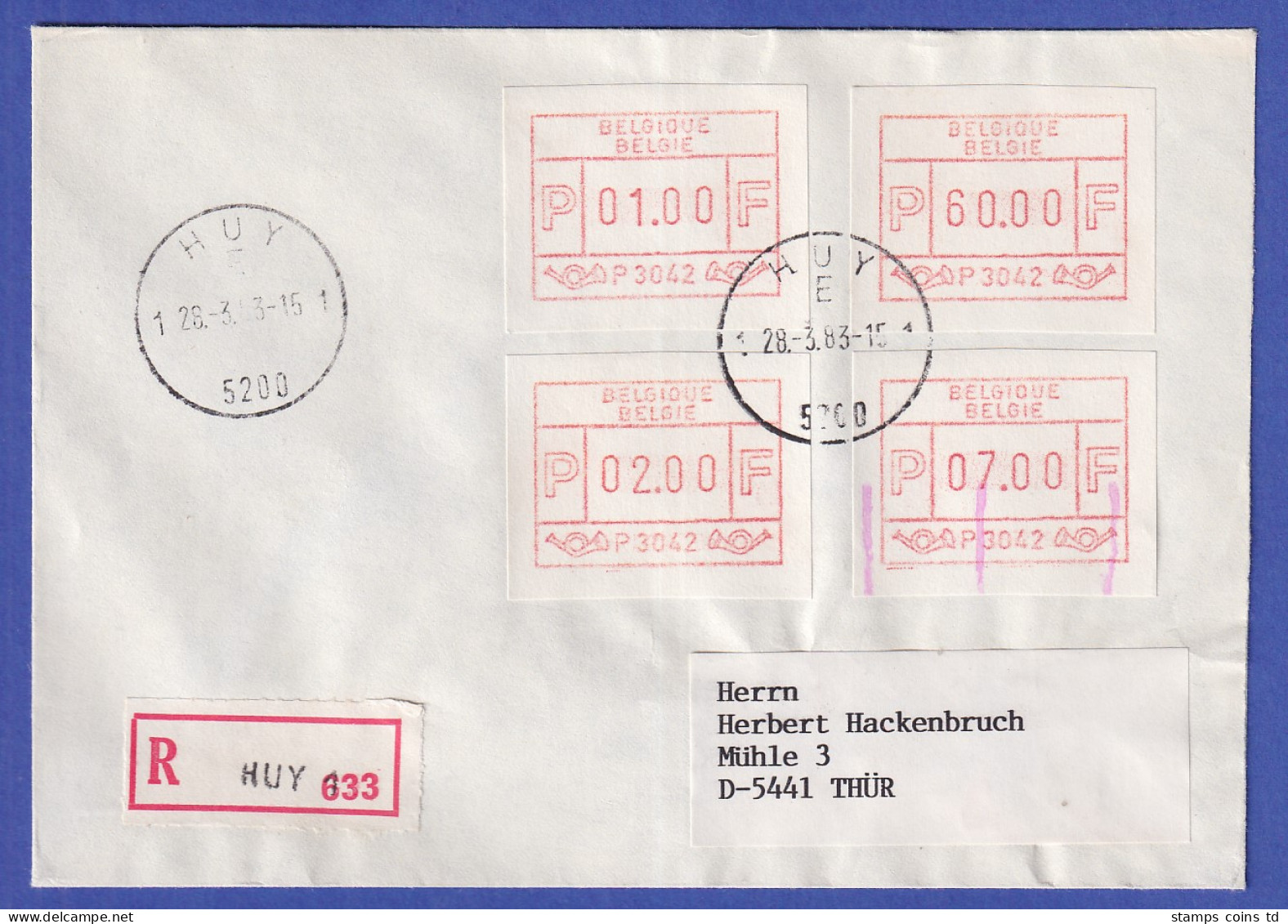 Belgien FRAMA-ATM P3042 Mit ENDSTREIFEN-Ende Auf R-FDC O HUY 28.3.83 - Altri & Non Classificati