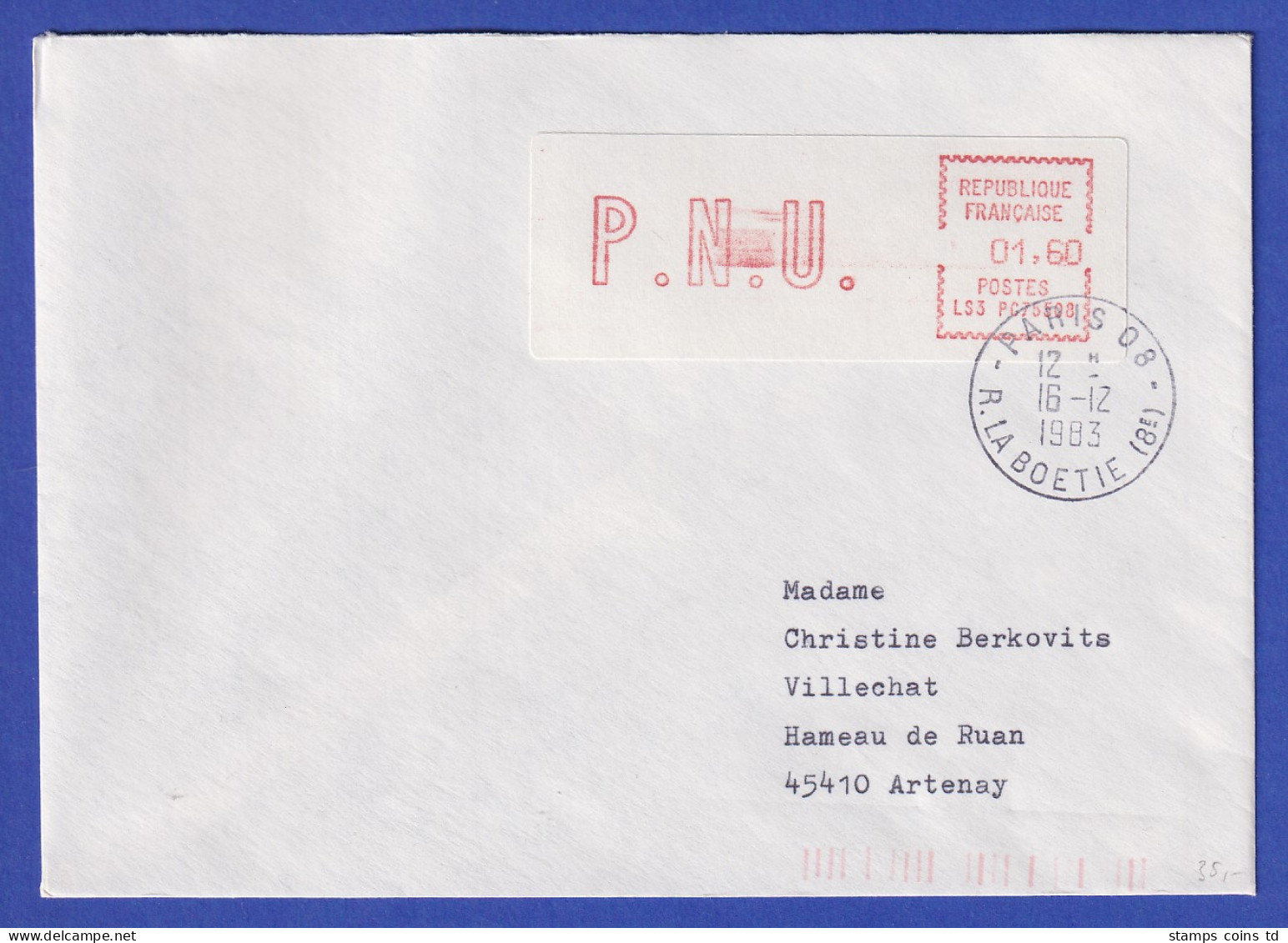 Frankreich ATM EMD-Camp LS3 PC 75508 PNU 1,60 Verschob. Wert Auf Brief, 16.12.83 - Other & Unclassified