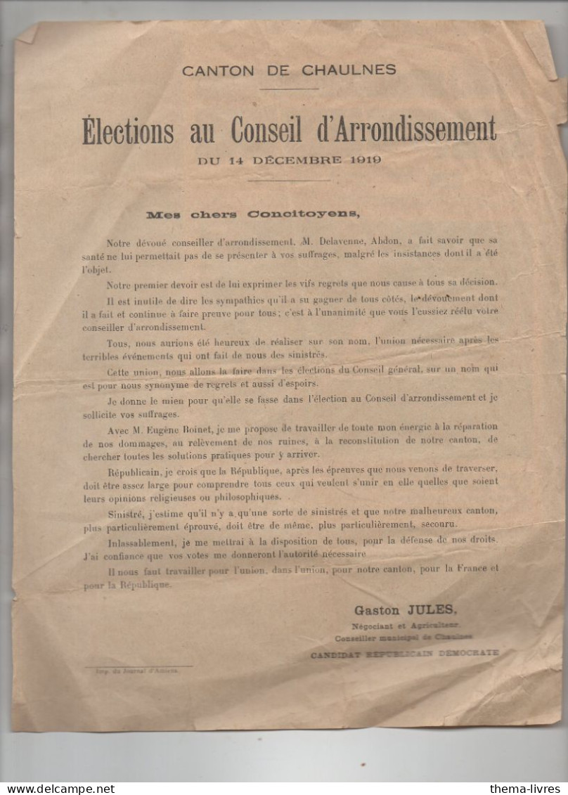 Canton De Chaulnes (80) Profession De Foi De Gaston JULES Candidat Républicain Au Conseil D'arrondis. 1919 (PPP47280) - Historische Dokumente