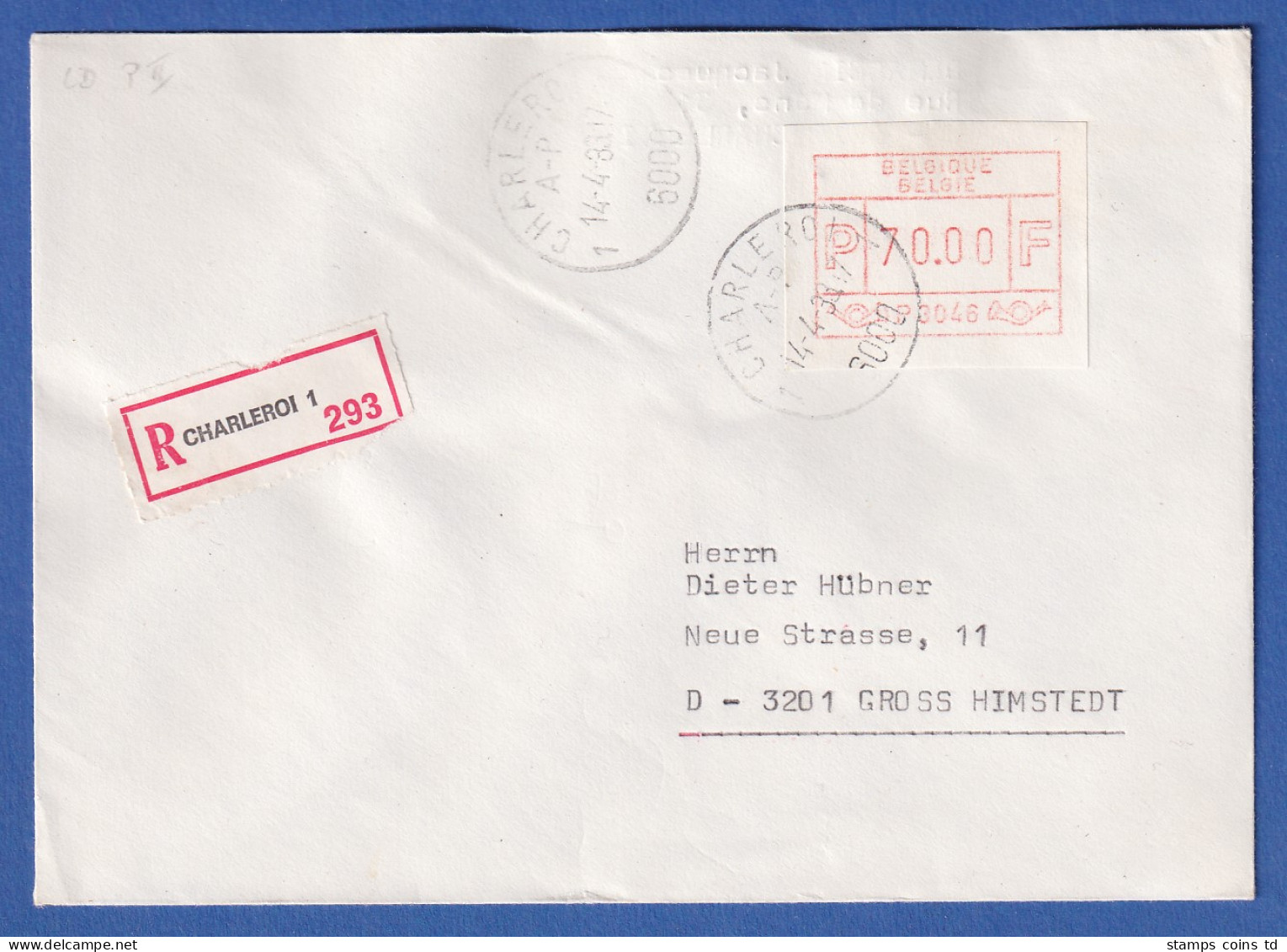 Belgien FRAMA-ATM P3046 Wert 70,00 EF Auf R-Brief, Charleroi 14.4.83 - Sonstige & Ohne Zuordnung