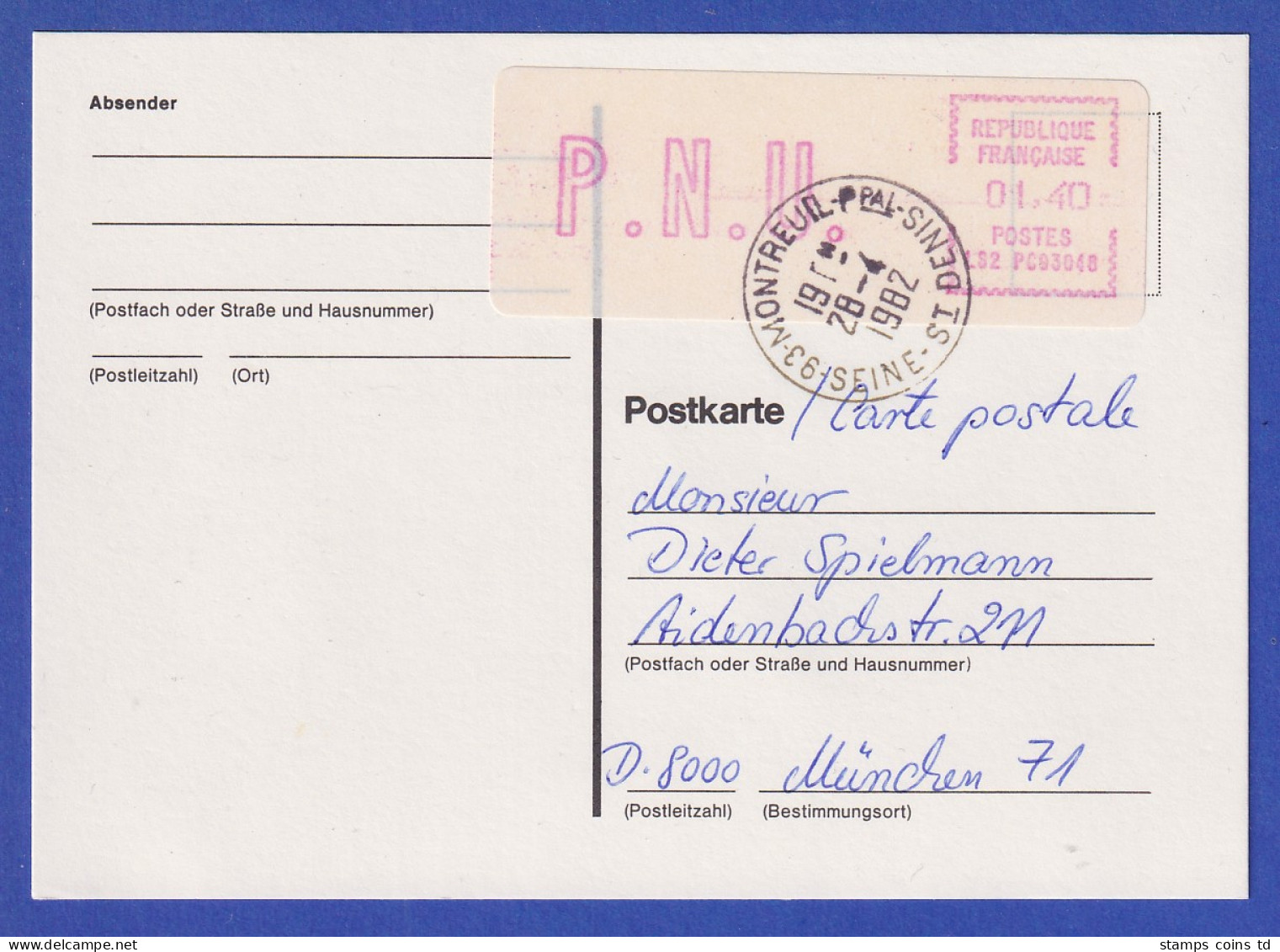 Frankreich EMD-Camp ATM LS2 PC 93048 Wert P.N.U. 1,40 Auf Postkarte Nach D - Altri & Non Classificati