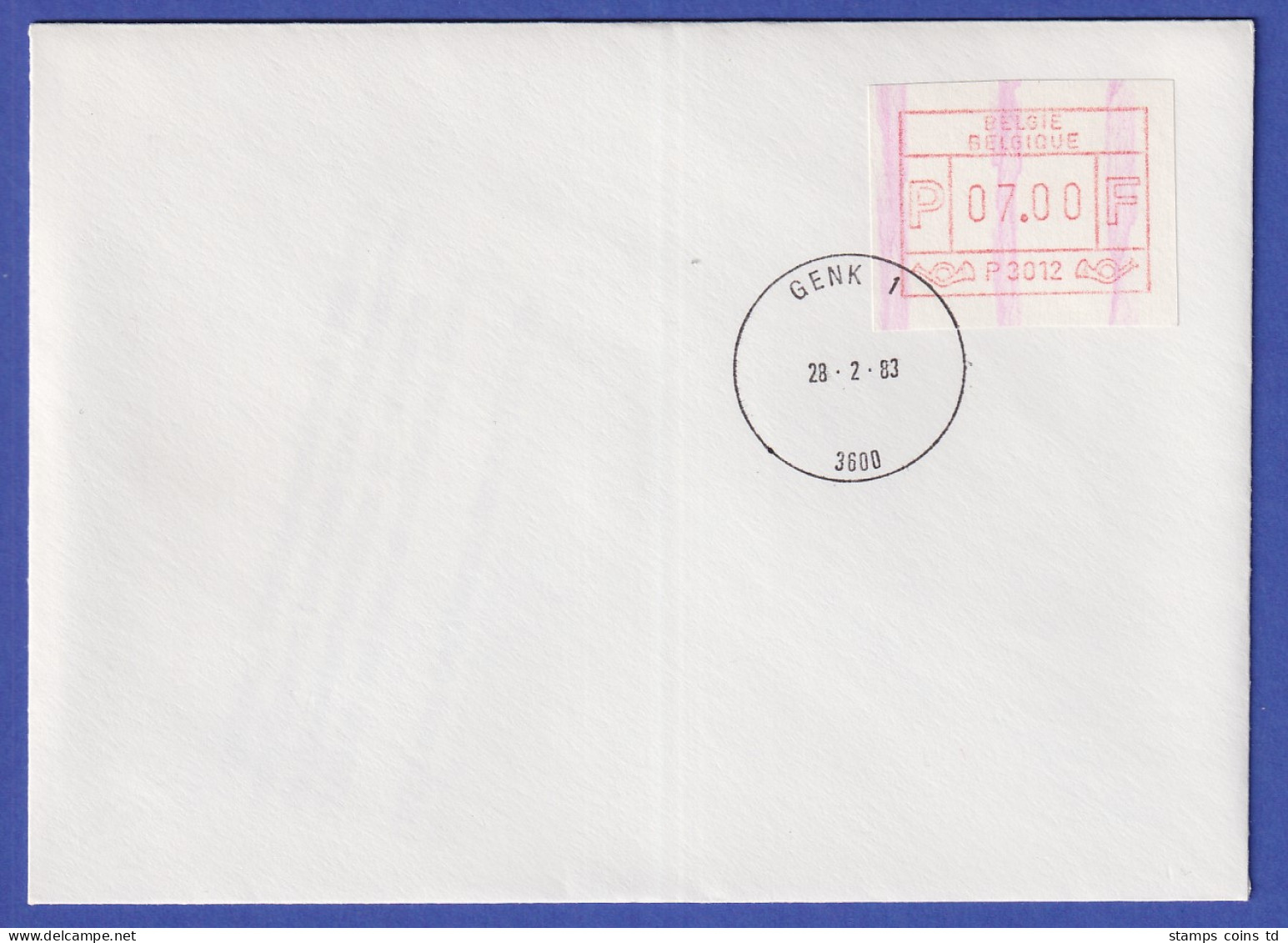 Belgien FRAMA-ATM P3012 Mit ENDSTREIFEN  Auf Blanco-FDC GENK 28.2.83 - Autres & Non Classés