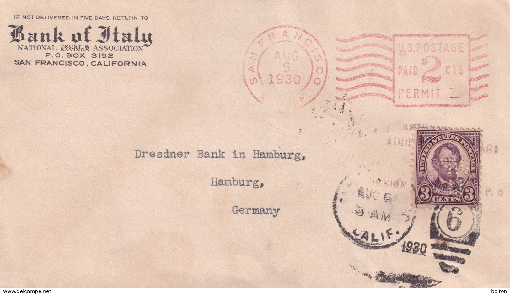 1930  USA Busta Con Affrancatura PERFIN  Banca D'Italia - Storia Postale