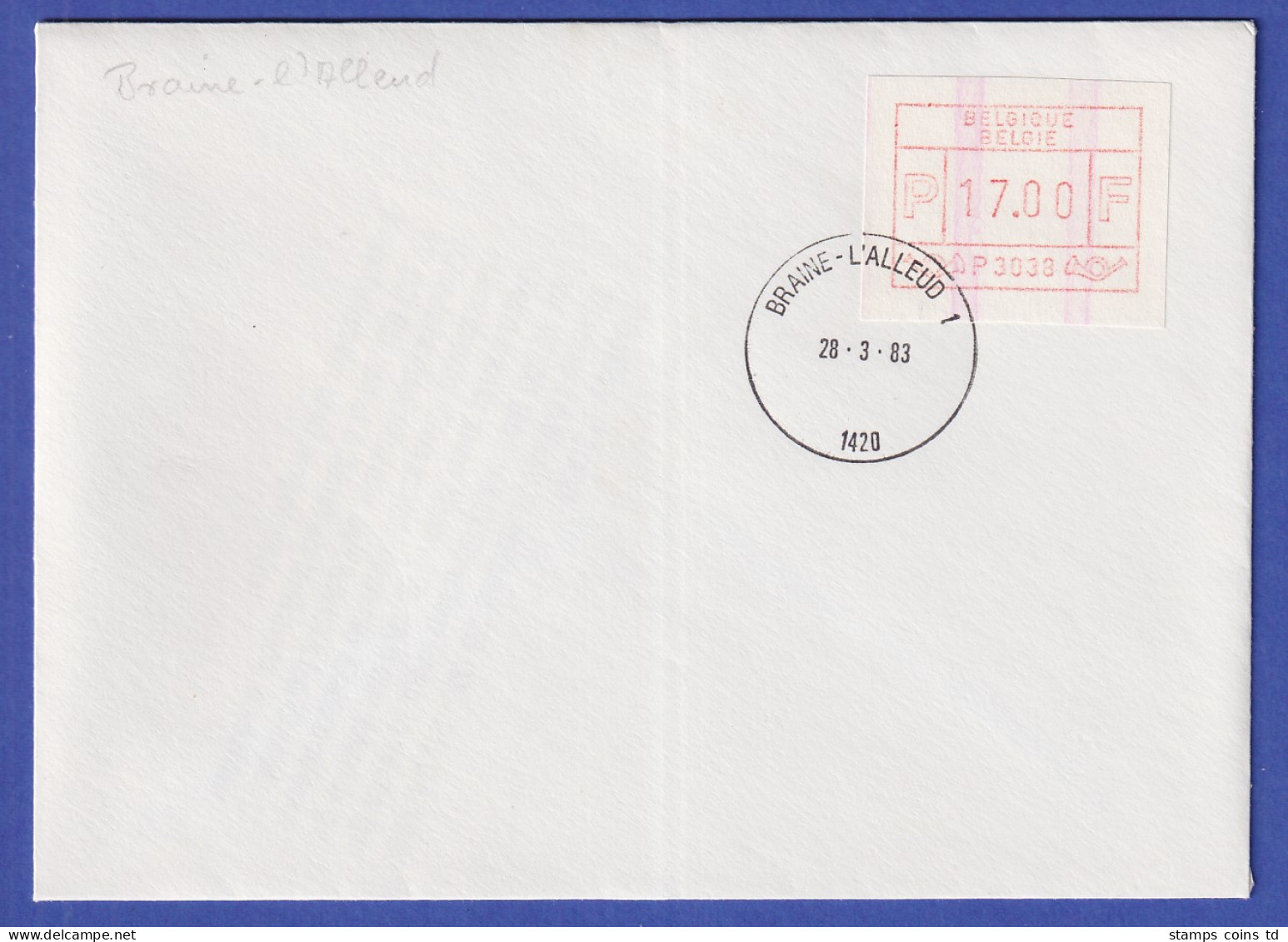 Belgien FRAMA-ATM P3038 Mit ENDSTREIFEN Auf FDC BRAINE-L'ALLEUD 1  28.3.83 - Altri & Non Classificati