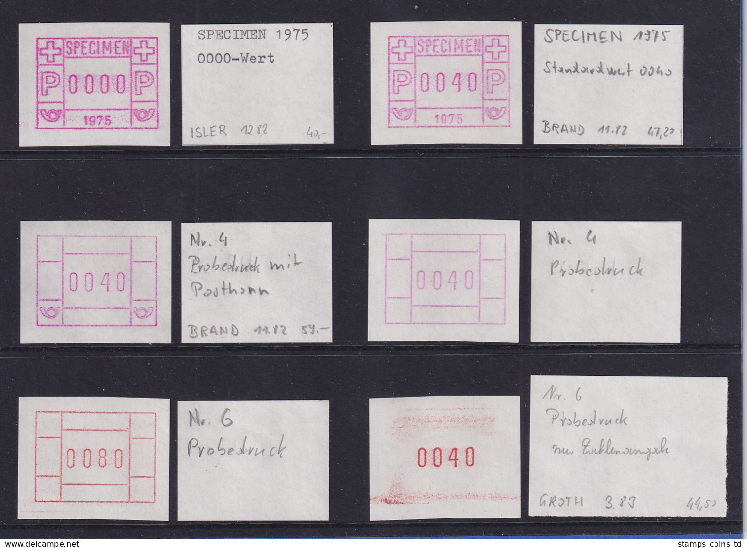 Schweiz ATM Lot 6 Verschiedene SPECIMEN / Probedrucke  Der 1. Ausgabe Ab 1975 - Automatic Stamps