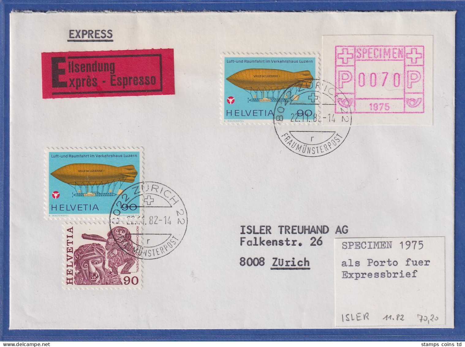 Schweiz ATM  SPECIMEN Der 1. Ausgabe 1975, 1982 Auf Express-Brief Verwendet ! - Sellos De Distribuidores
