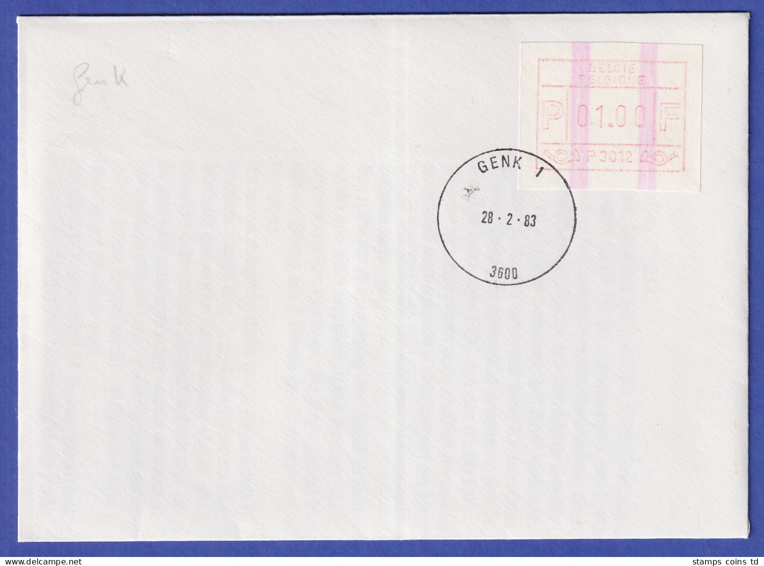 Belgien FRAMA-ATM P3012 Mit ENDSTREIFEN Auf Blanco FDC GENK 28.2.83 - Altri & Non Classificati