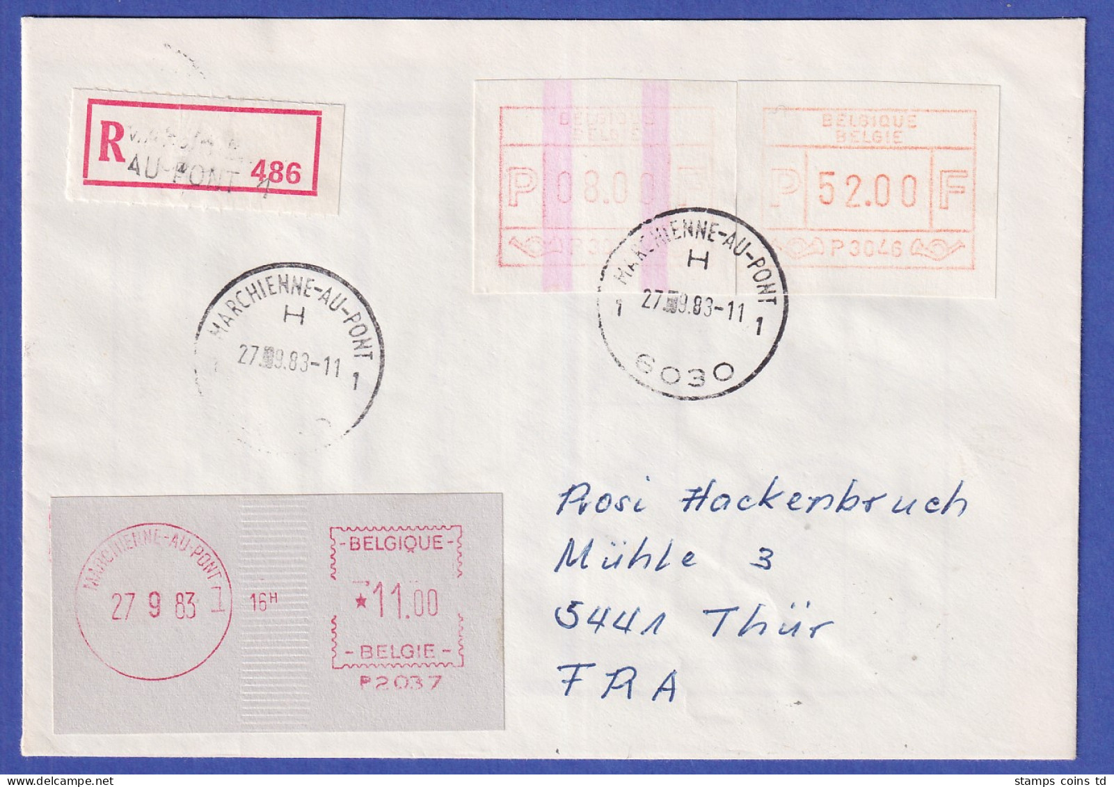 Belgien FRAMA-ATM P3046 Mit ENDSTREIFEN Auf R-Brief MARCHIENNE-AU-PONT  27.9.83 - Sonstige & Ohne Zuordnung