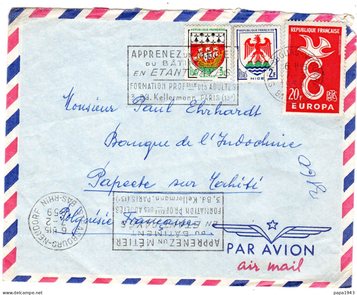 1959  CAD  STRASBOURG NEUDORF Timbres Blasons Nantes 3f + Nice 2f + EUROPA 20f  Envoyée à PAPEETE - Covers & Documents