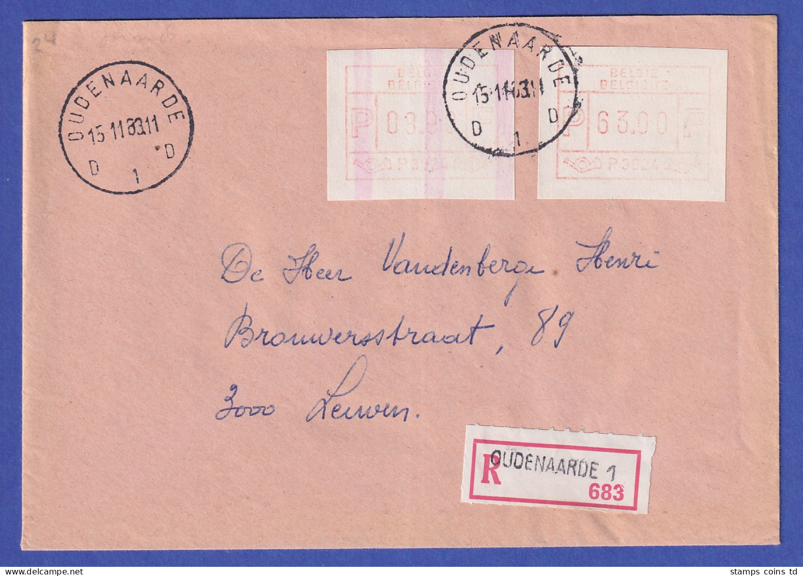 Belgien FRAMA-ATM P3024 Mit ENDSTREIFEN In MIF Auf R-Brief 15.11.83 OUDENAARDE - Sonstige & Ohne Zuordnung