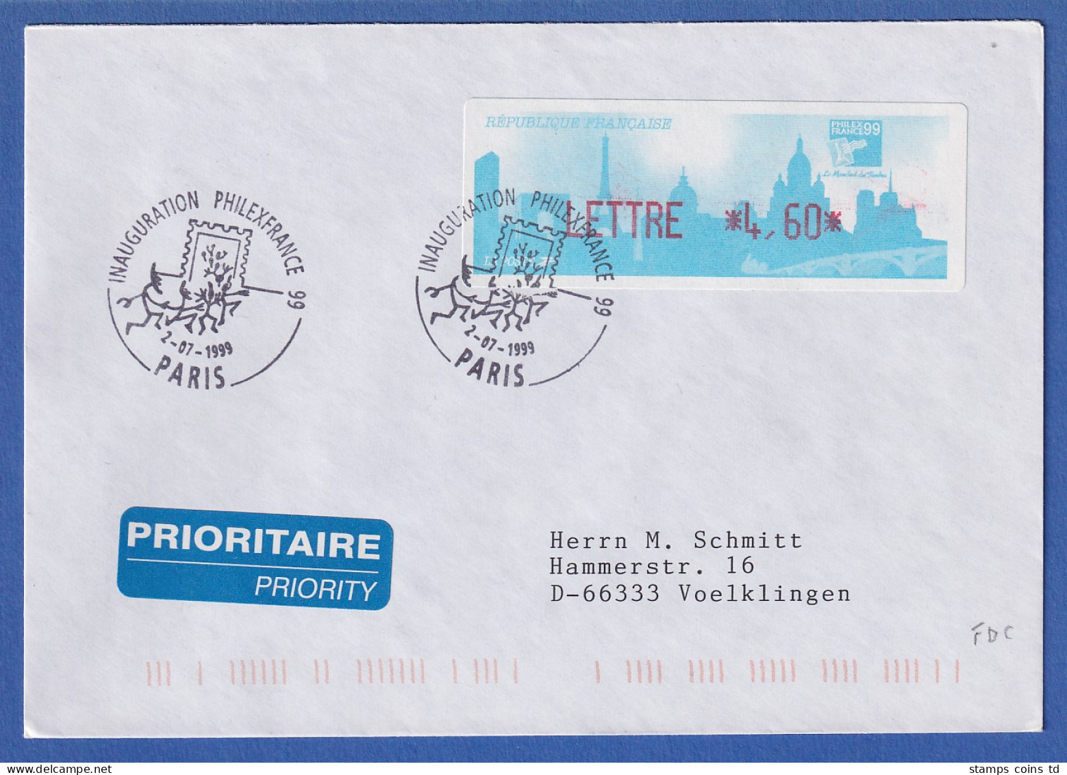 Frankreich ATM PHILEXFRANCE`99 Wert LETTRE 4,60 Auf FDC Mit So.-O 2.7.1999 - Sonstige & Ohne Zuordnung