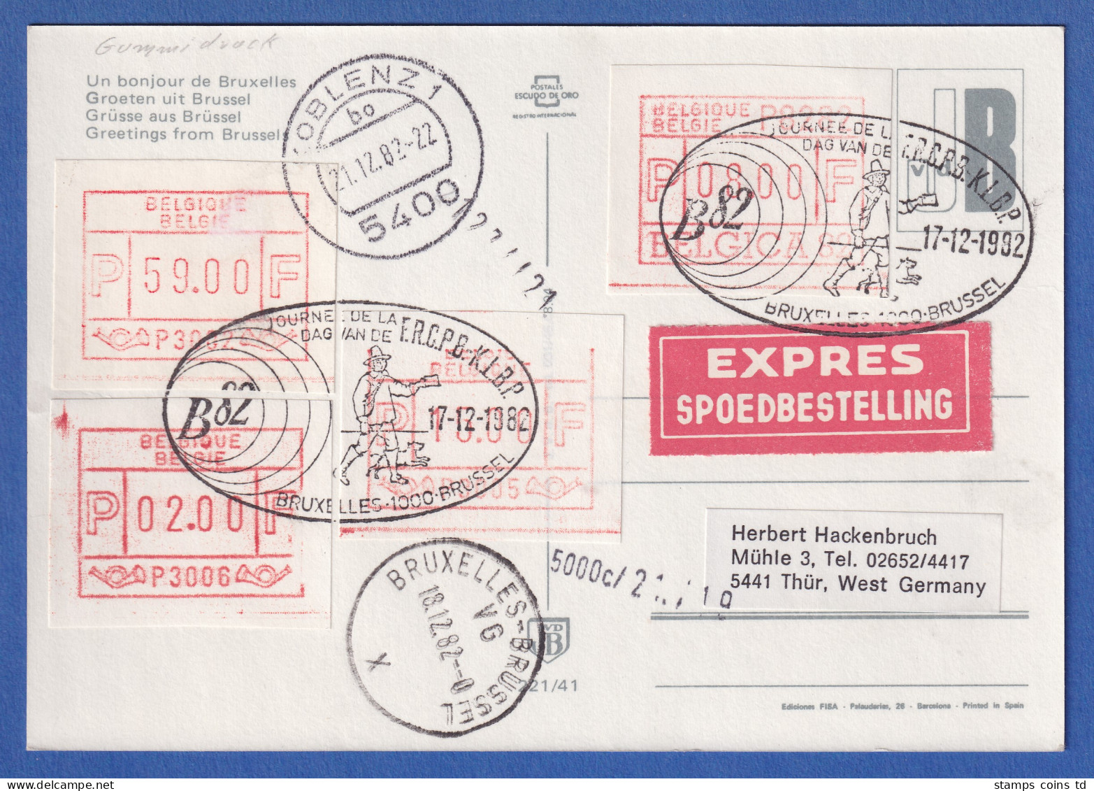 Belgien FRAMA-ATM 1.Ausgabe P3022 Gummidruck In MIF Auf Expr.-Postkarte 1982 - Other & Unclassified