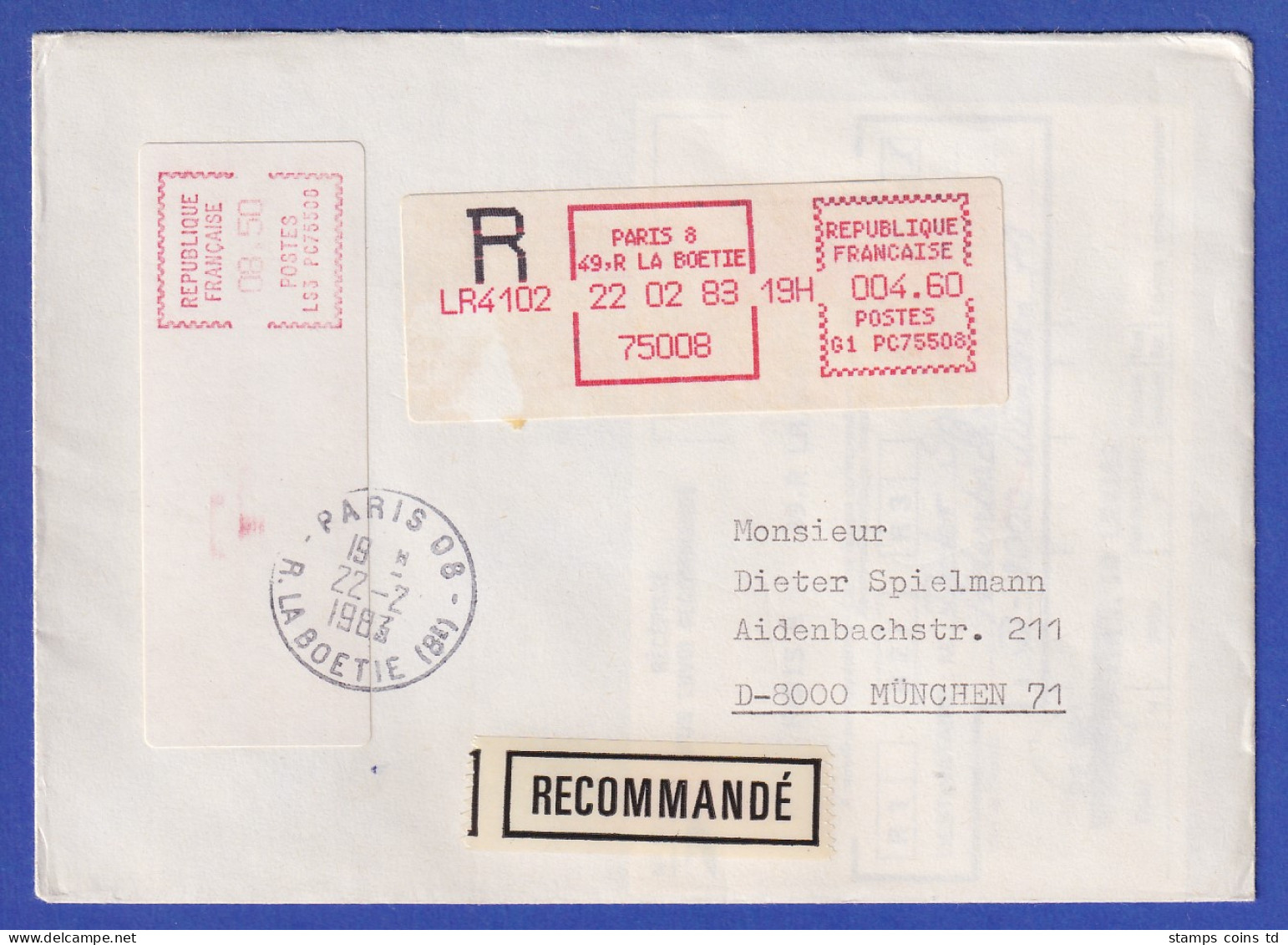 Frankreich ATM EMD-Camp LS3 PC 75508 Wert Ohne Zudruck 8,50 Auf R-Brief Feb 1983 - Sonstige & Ohne Zuordnung