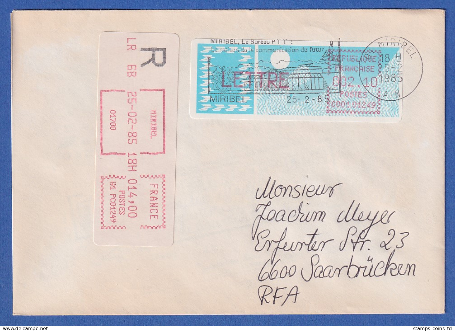 Frankreich-ATM Taube C001.01249 LETTRE 2,10 Auf R-FDC Miribel 25.2.85.  - Other & Unclassified