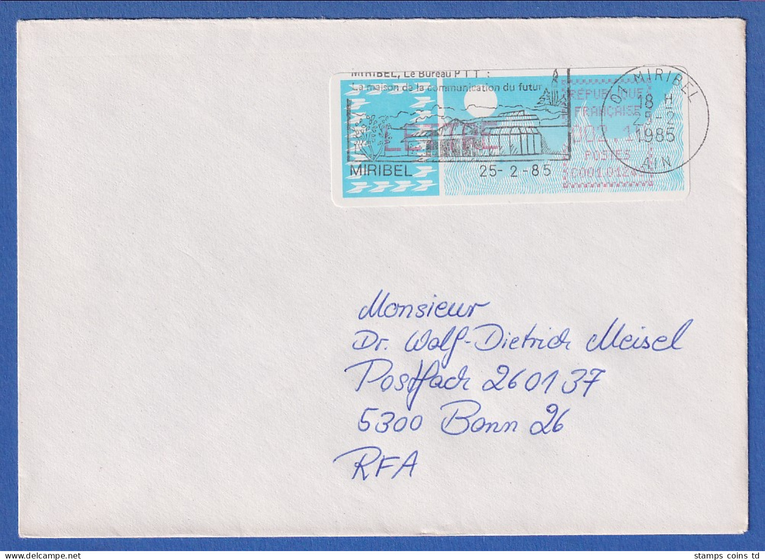 Frankreich-ATM Taube C001.01249 LETTRE 2,10 Auf FDC Miribel 25.2.85.  - Andere & Zonder Classificatie