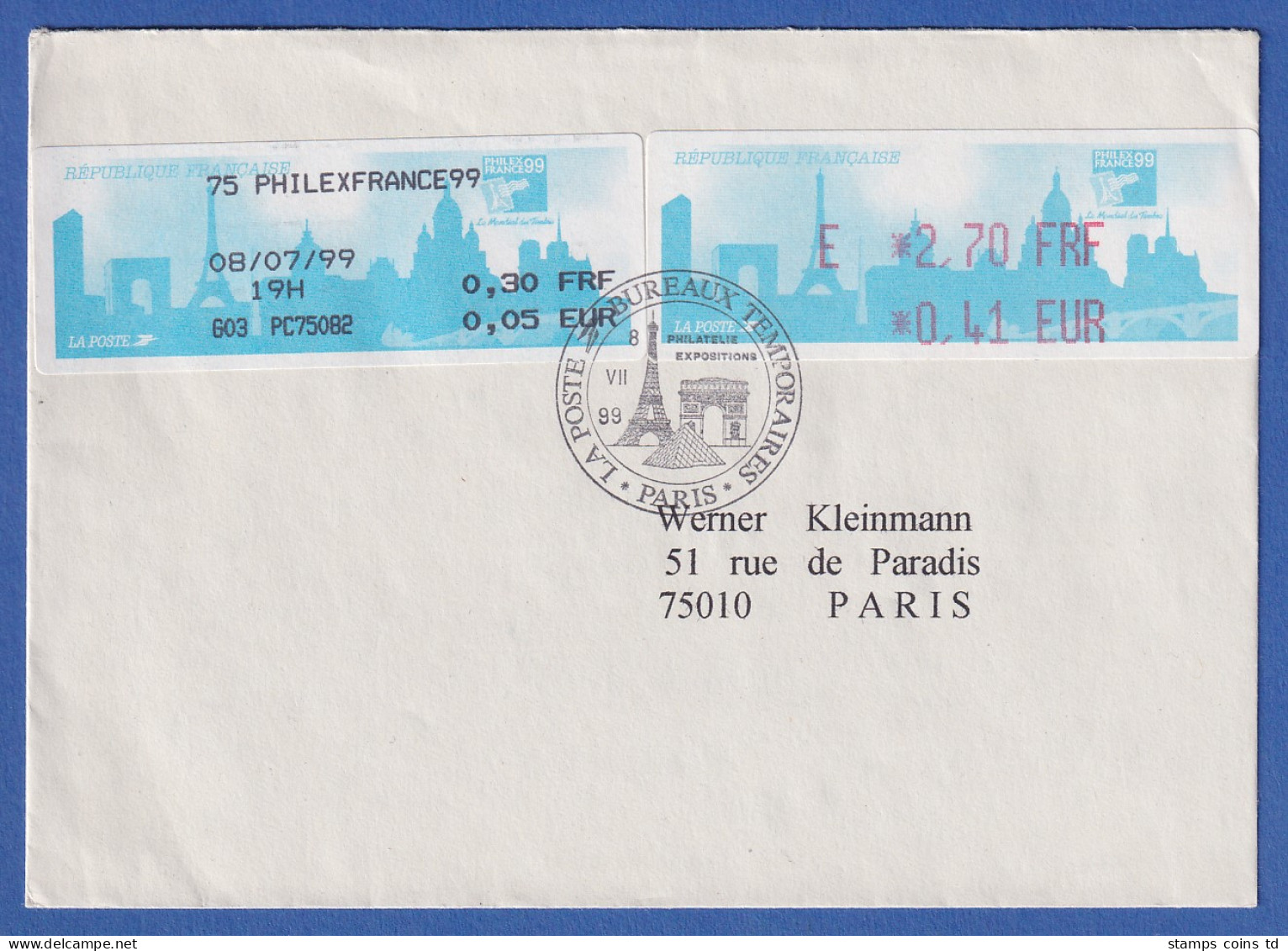 Frankreich ATM PHILEXFRANCE`99 E 2,70 FRF / 0,41 EUR Sowie SFS Auf Brief  - Altri & Non Classificati