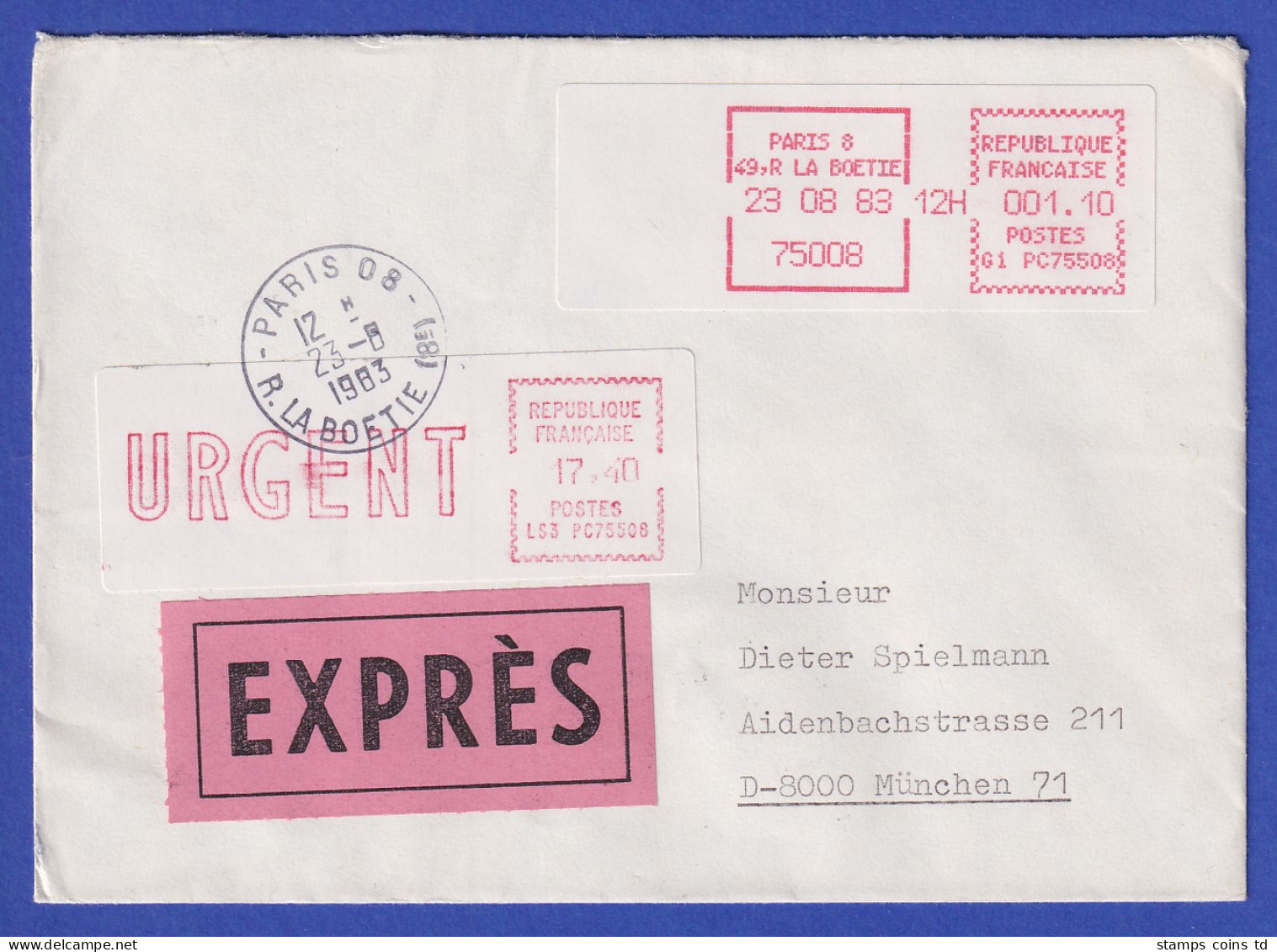 Frankreich ATM EMD-Camp LS3 PC 75508 Wert URGENT 17,40 Auf Express-Brief 1983 - Autres & Non Classés