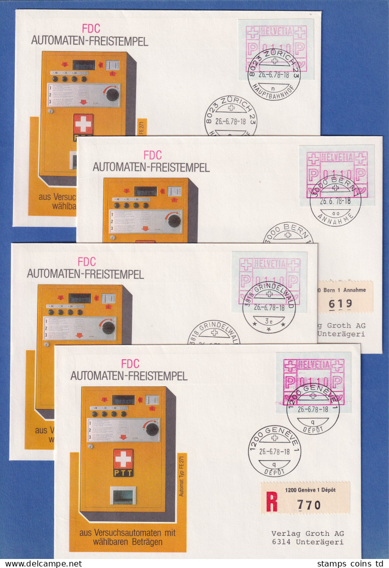 Schweiz 1978 FRAMA-ATM Mi-Nr. 2 Je R-FDC 26.6.78 ZÜRICH, BERN, GRINDELWALD, GENF - Timbres D'automates